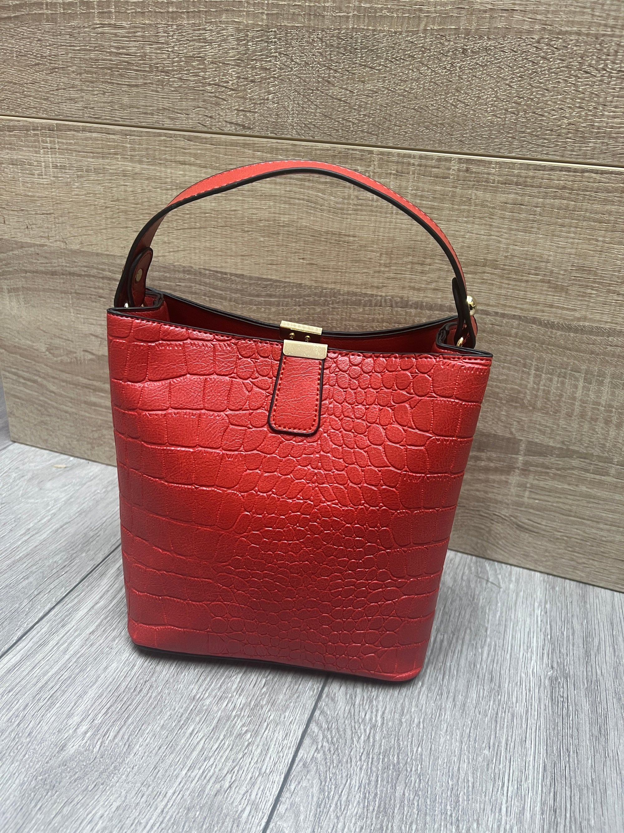 Red Luxury Croc Bucket Shoulder Handbag-Fascinators Direct