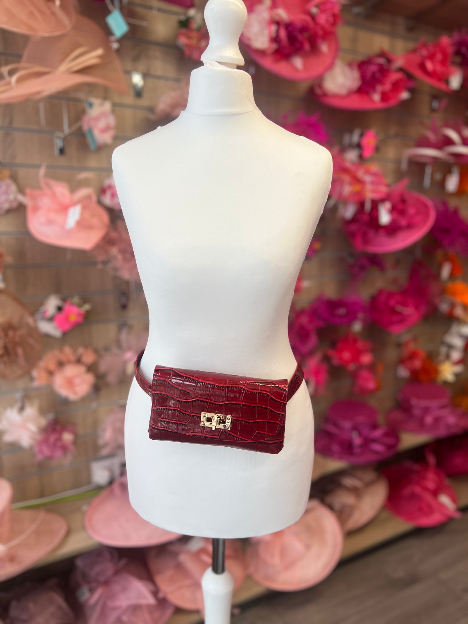 Red Mini Crocodile Embossed Belt Bag-Fascinators Direct