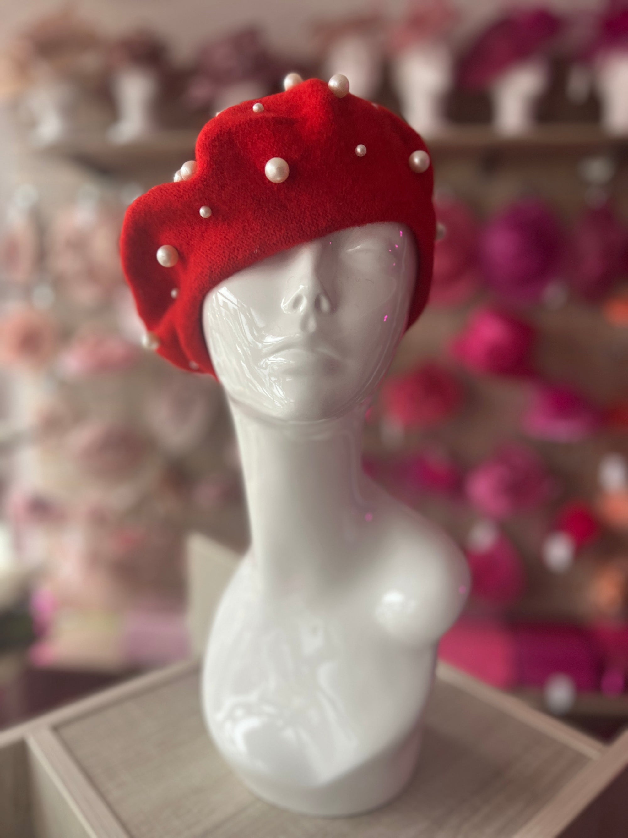 Red Pearl Embellished Beret Hat-Fascinators Direct