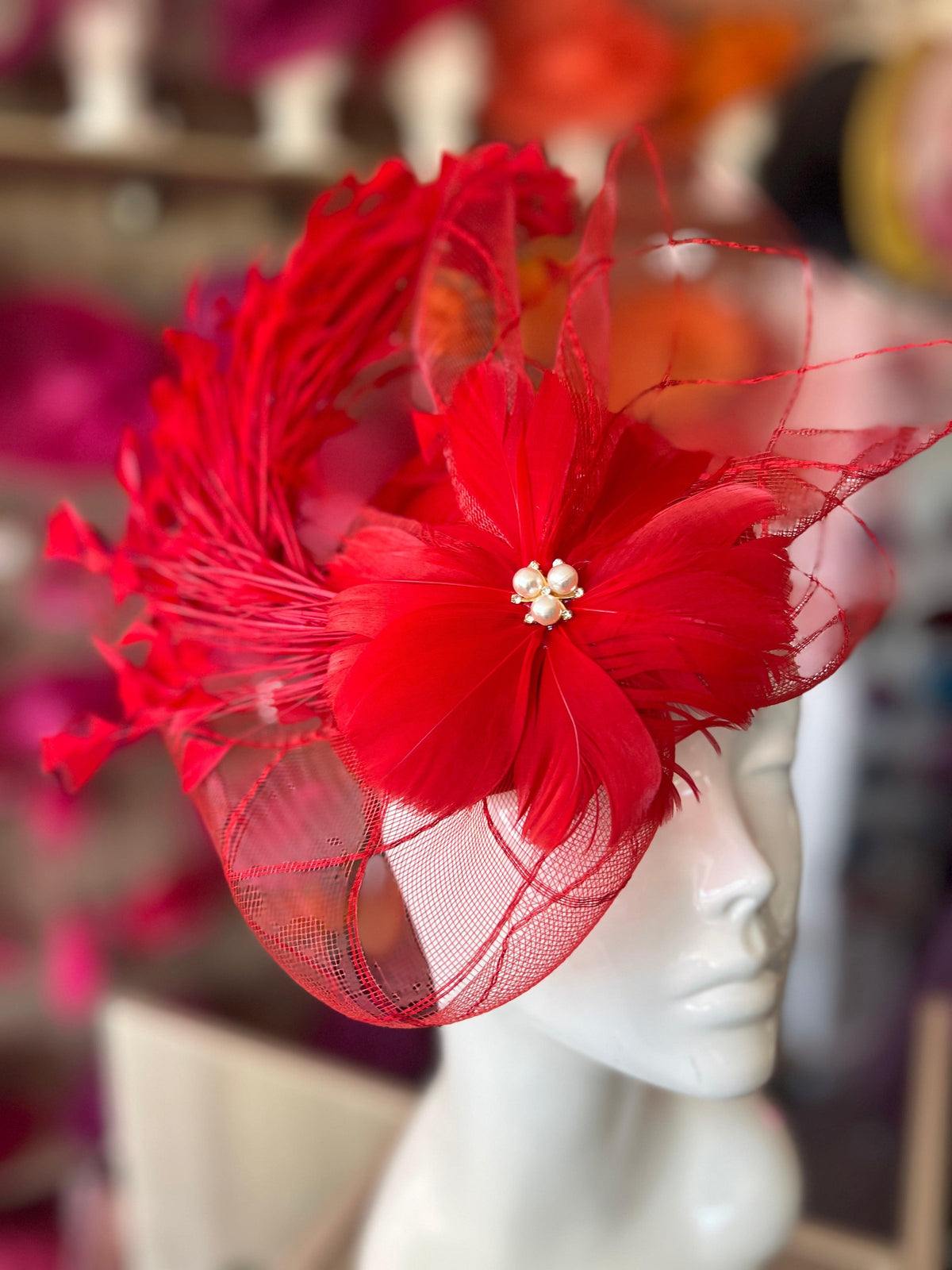 Red Pillbox Fascinator With An Array Of Feathers &amp; Feather Flower With Pearl Detail-Fascinators Direct