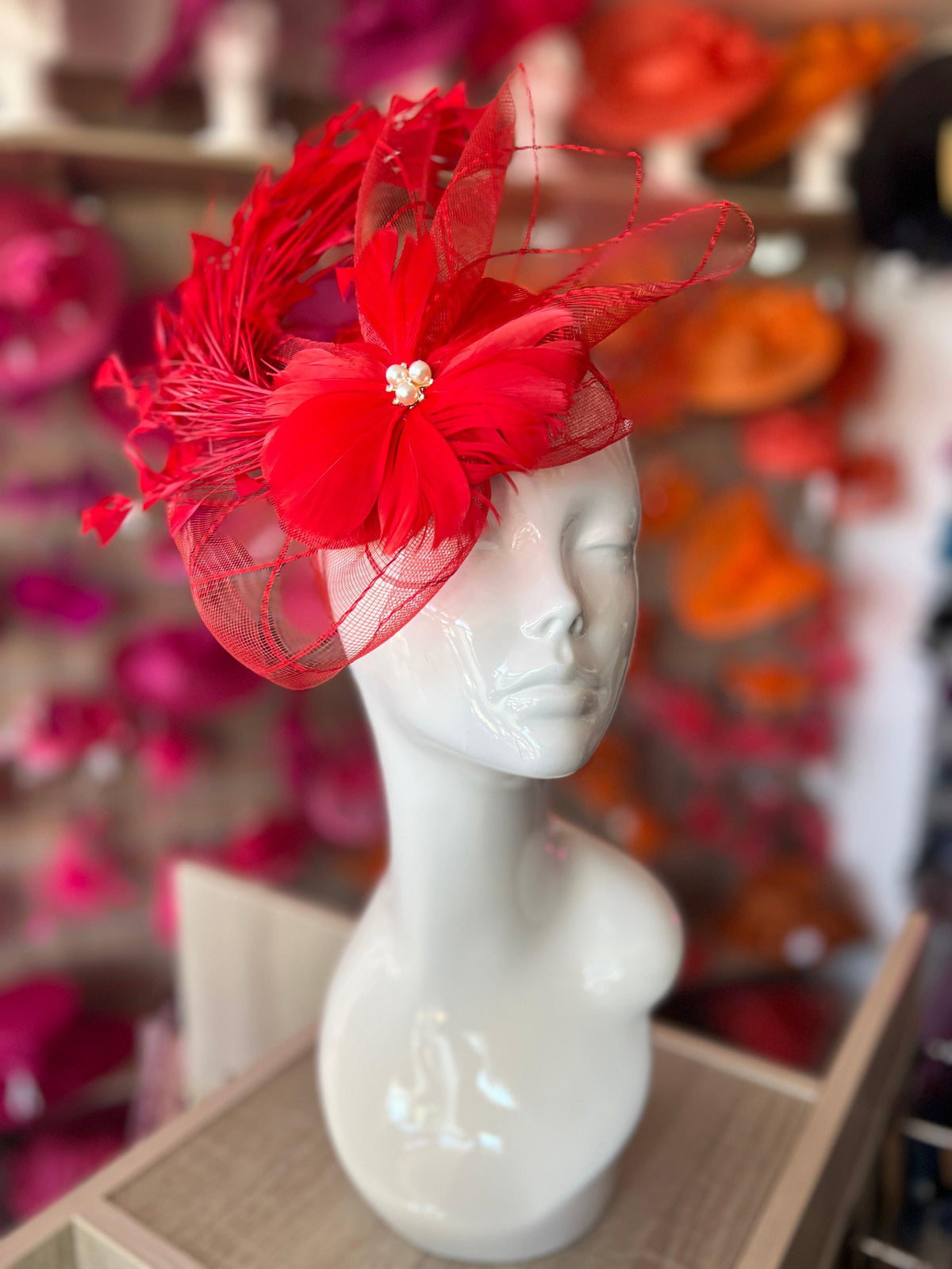 Red Pillbox Fascinator With An Array Of Feathers &amp; Feather Flower With Pearl Detail-Fascinators Direct
