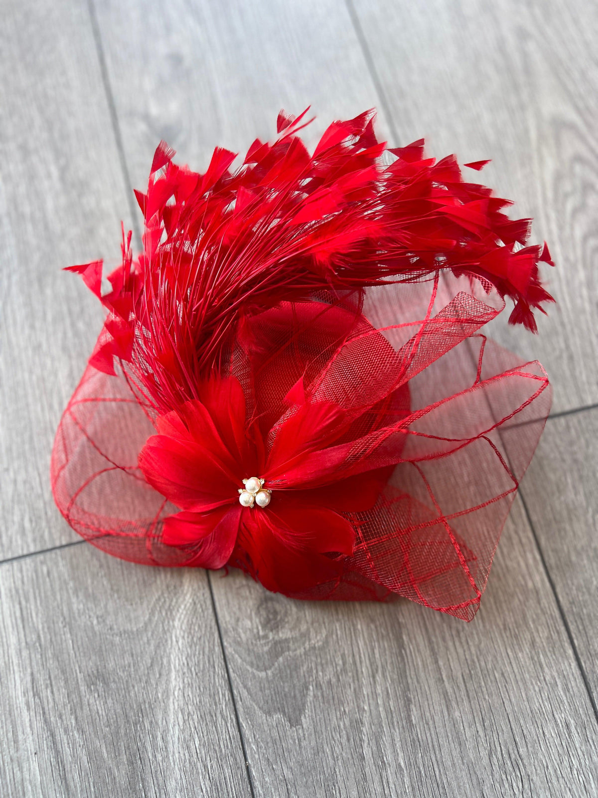 Red Pillbox Fascinator With An Array Of Feathers &amp; Feather Flower With Pearl Detail-Fascinators Direct