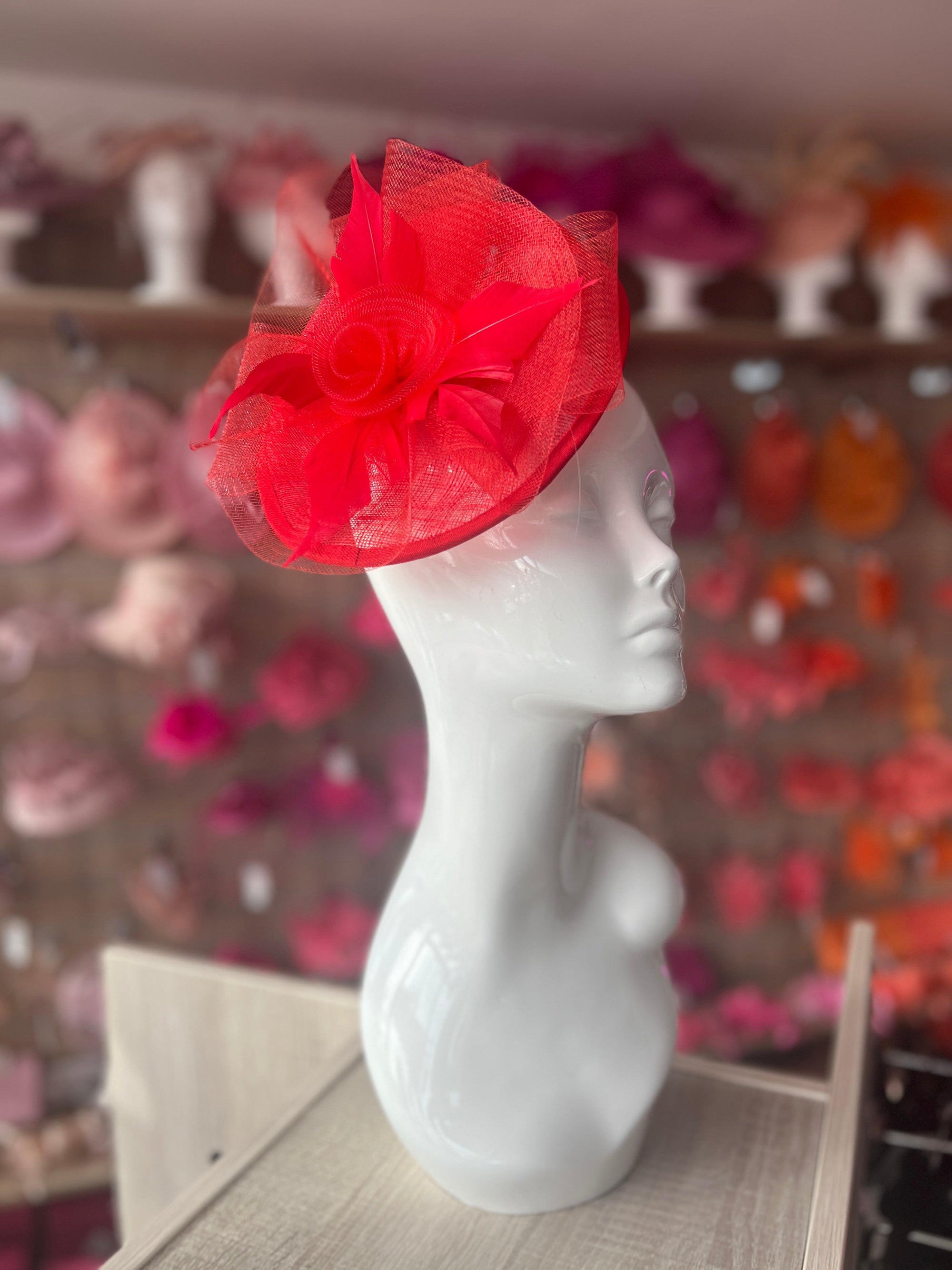 Red Pillbox Fascinator With Flower-Fascinators Direct