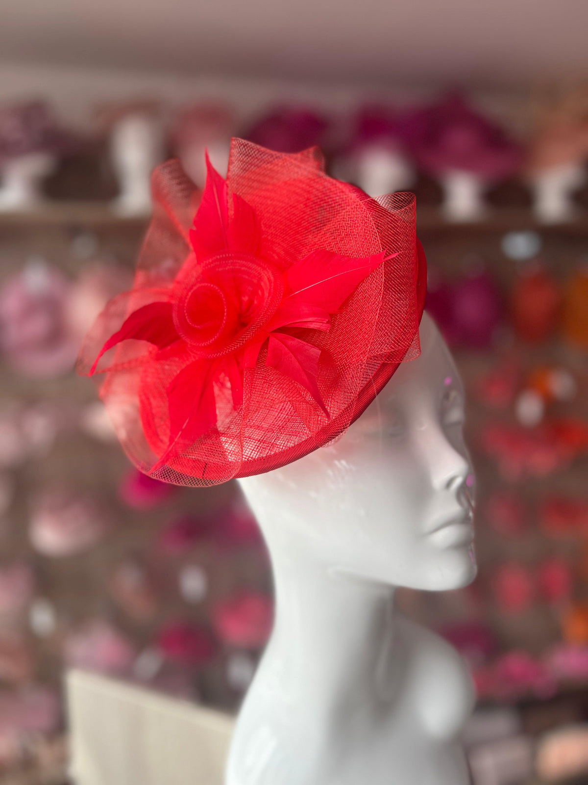 Red Pillbox Fascinator With Flower-Fascinators Direct