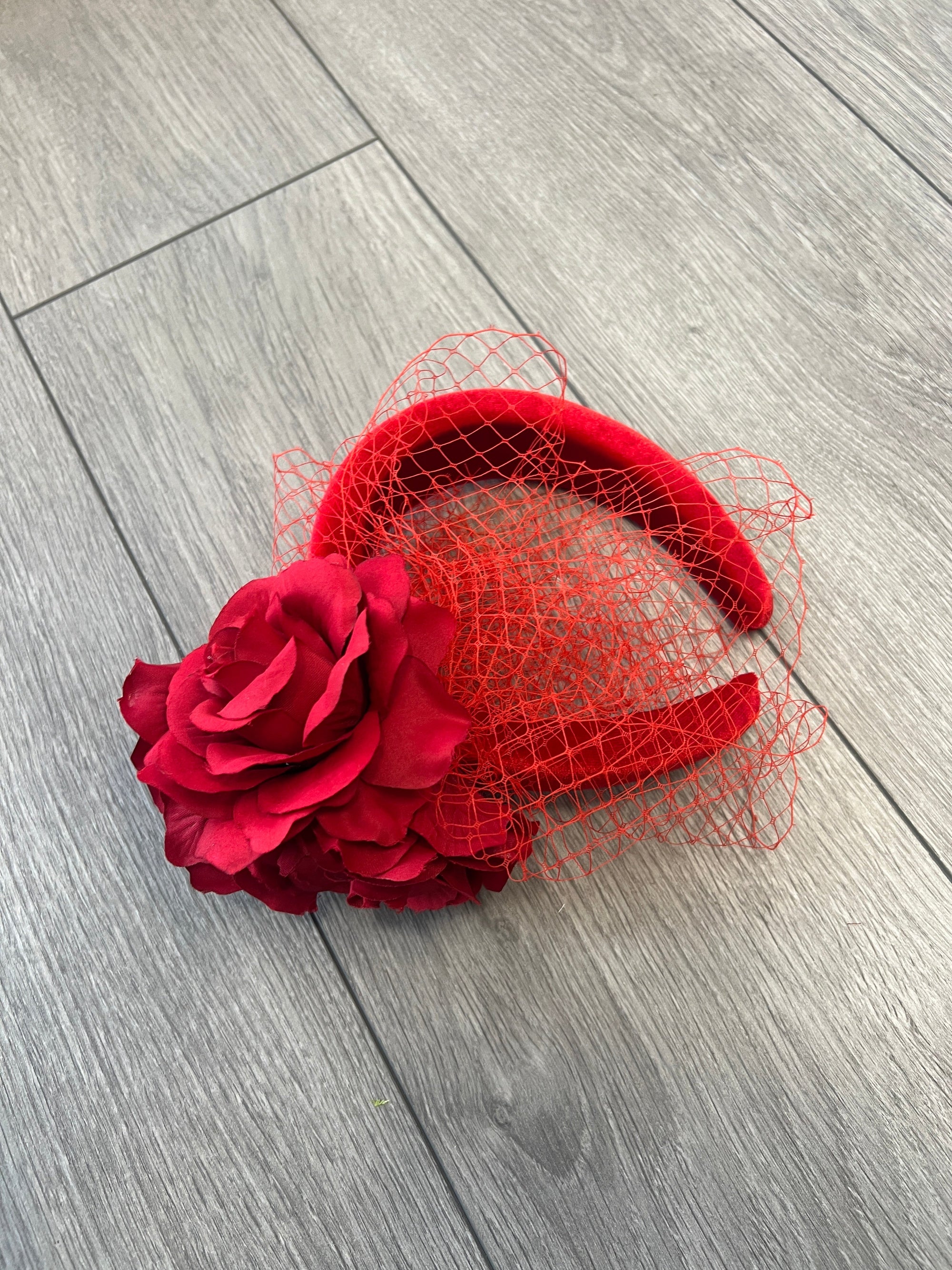 Red Rose & Netting Chunky Headband Fascinator-Fascinators Direct