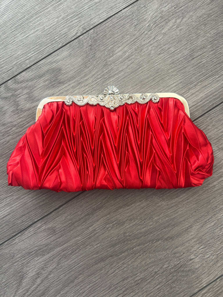 Red Satin Art Deco Detail Clutch Bag