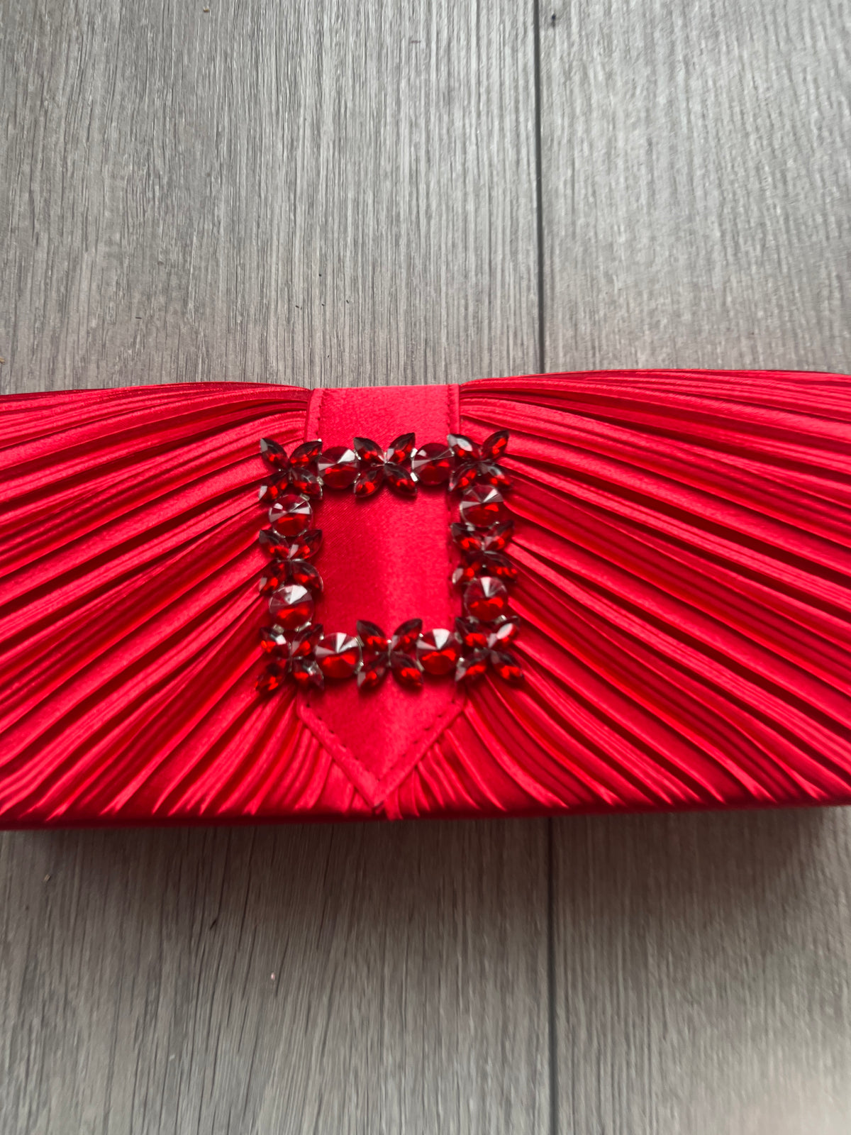 Red Satin Pleated Clutch Bag With Jewel Embellishment-Fascinators Direct