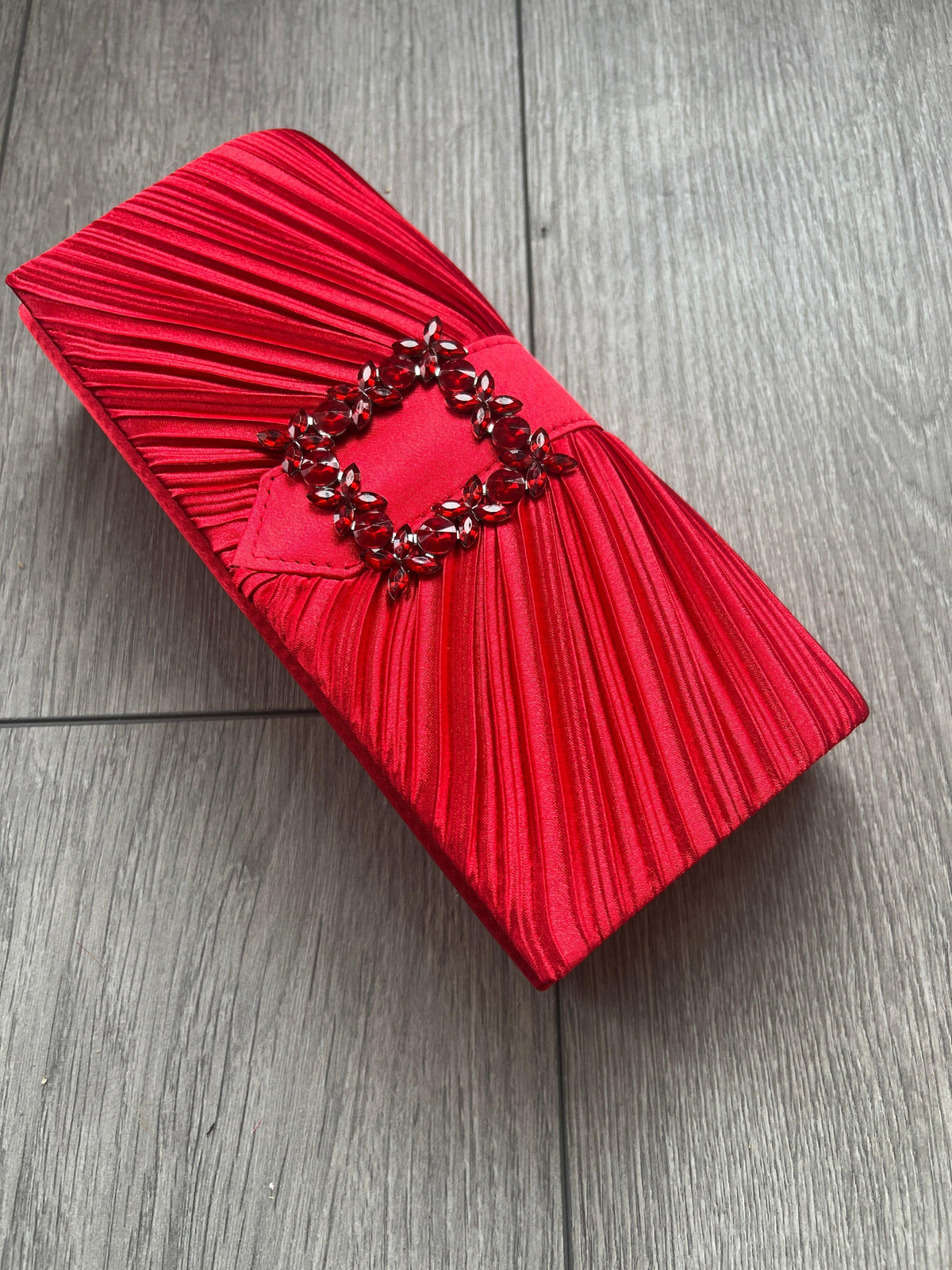 Red Satin Pleated Clutch Bag With Jewel Embellishment-Fascinators Direct