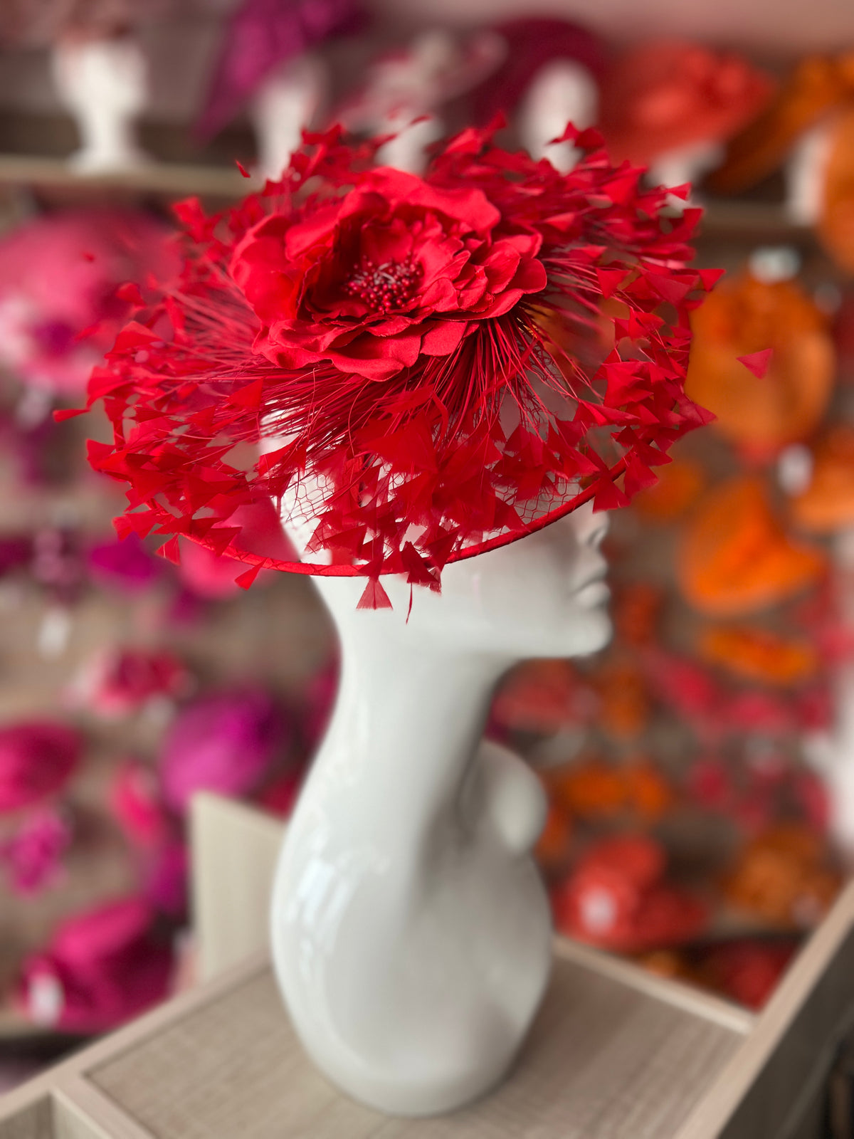 Red Saucer Hatinator With Array Of Feathers &amp; Satin Flower-Fascinators Direct