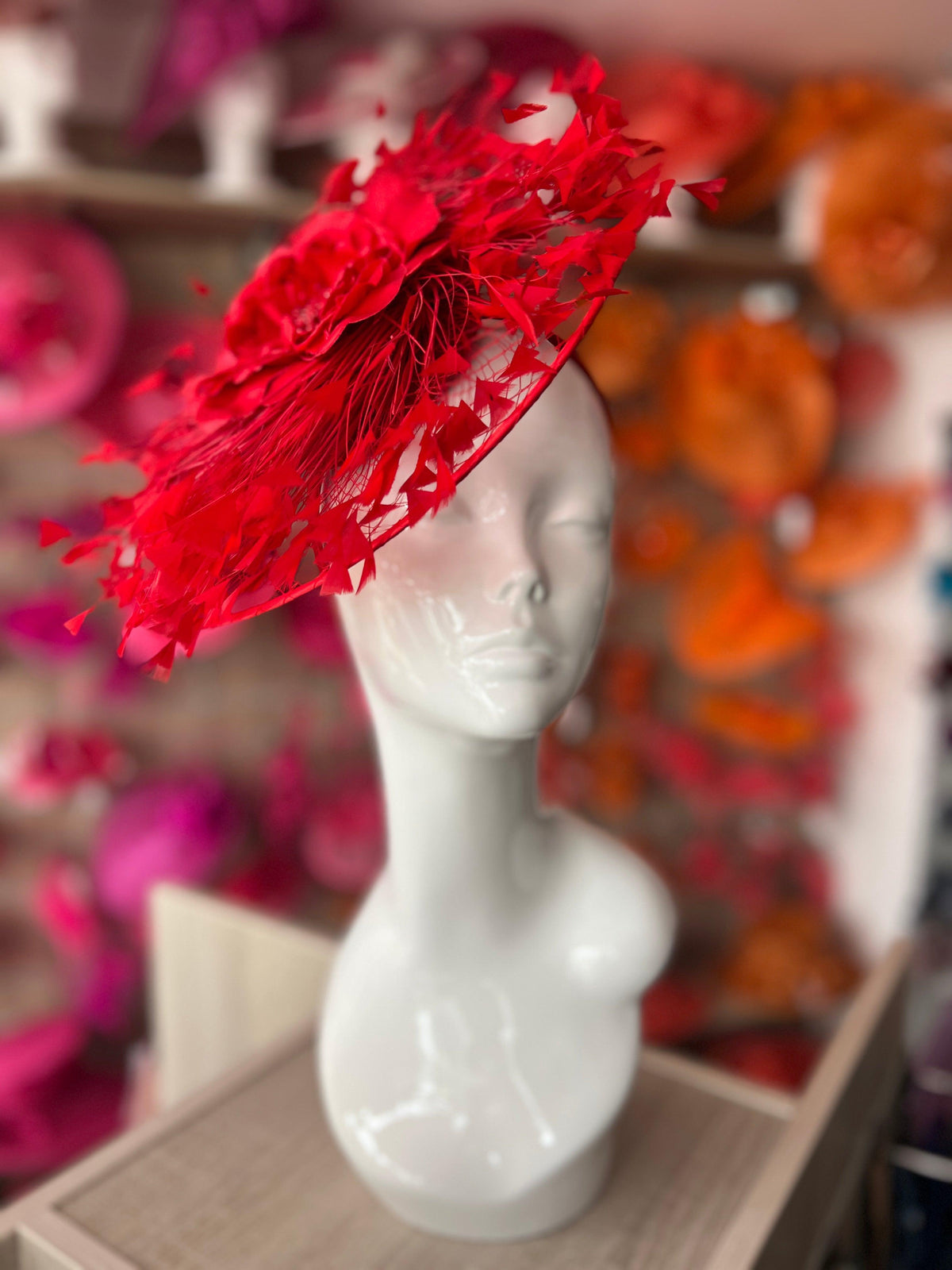 Red Saucer Hatinator With Array Of Feathers &amp; Satin Flower-Fascinators Direct