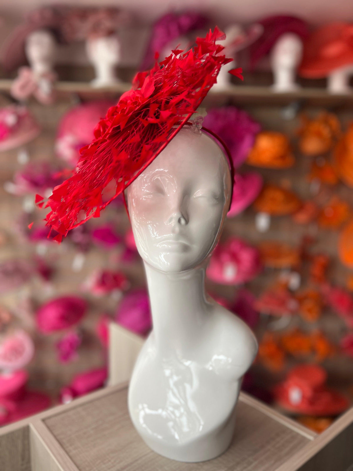 Red Saucer Hatinator With Array Of Feathers &amp; Satin Flower-Fascinators Direct