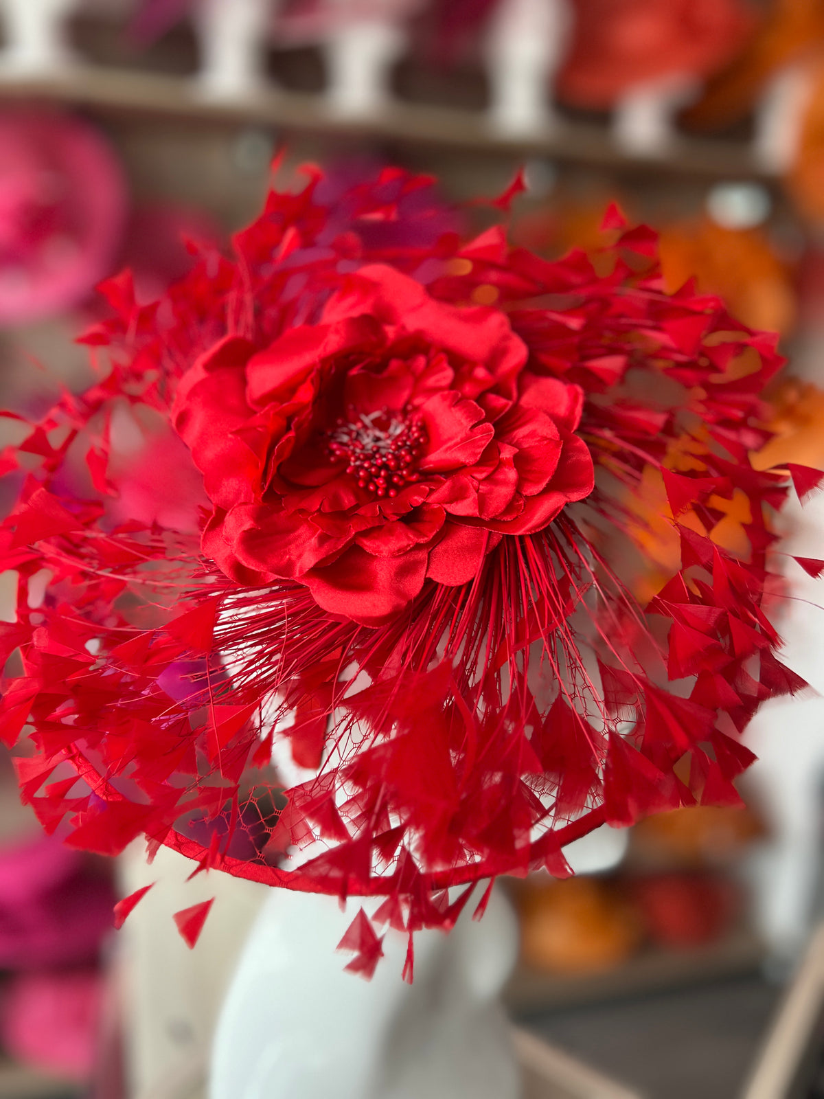Red Saucer Hatinator With Array Of Feathers &amp; Satin Flower-Fascinators Direct