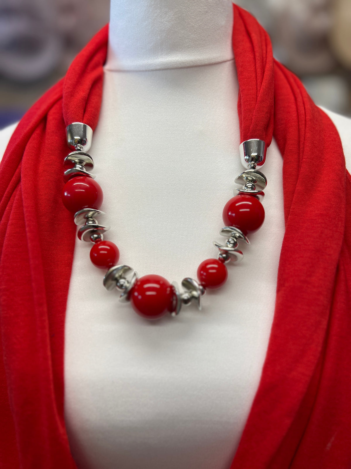 Red Scarf Necklace With Beads-Fascinators Direct