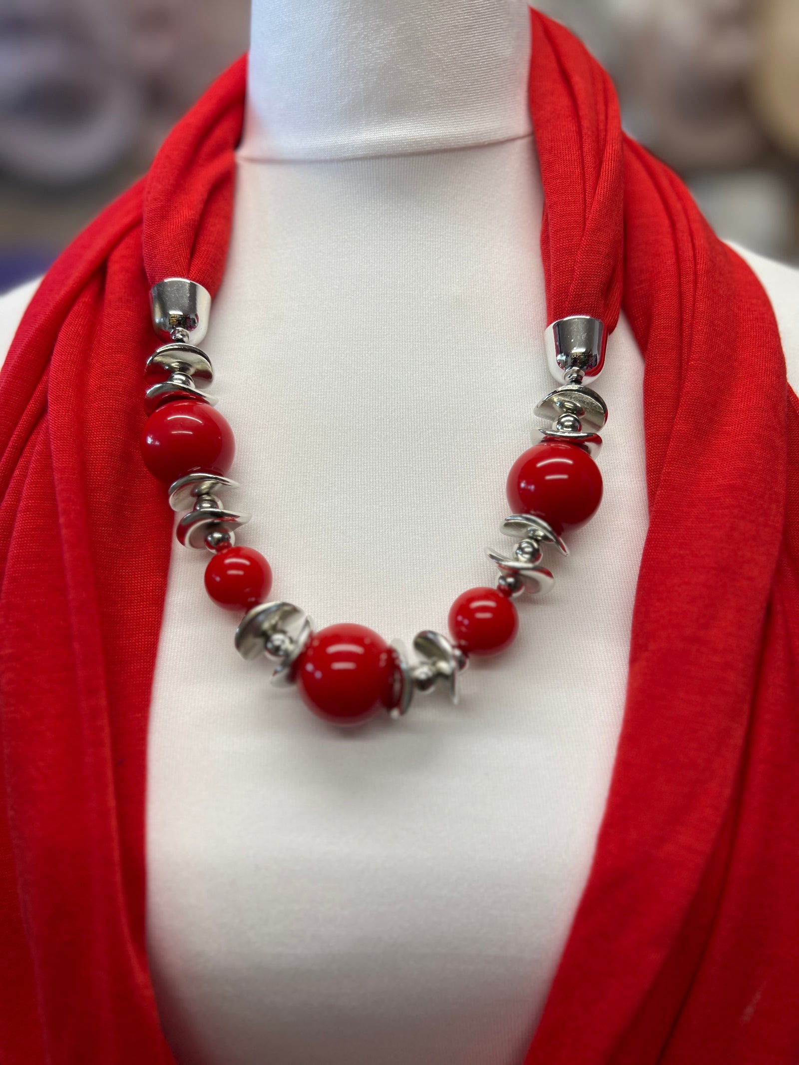 Red Scarf Necklace With Beads-Fascinators Direct