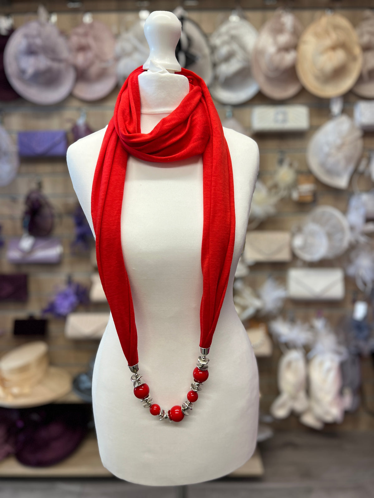 Red Scarf Necklace With Beads-Fascinators Direct