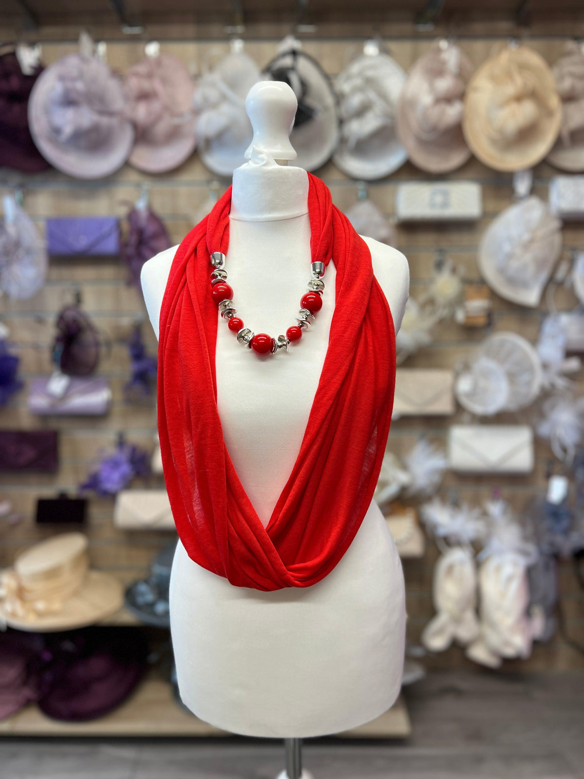 Red Scarf Necklace With Beads-Fascinators Direct
