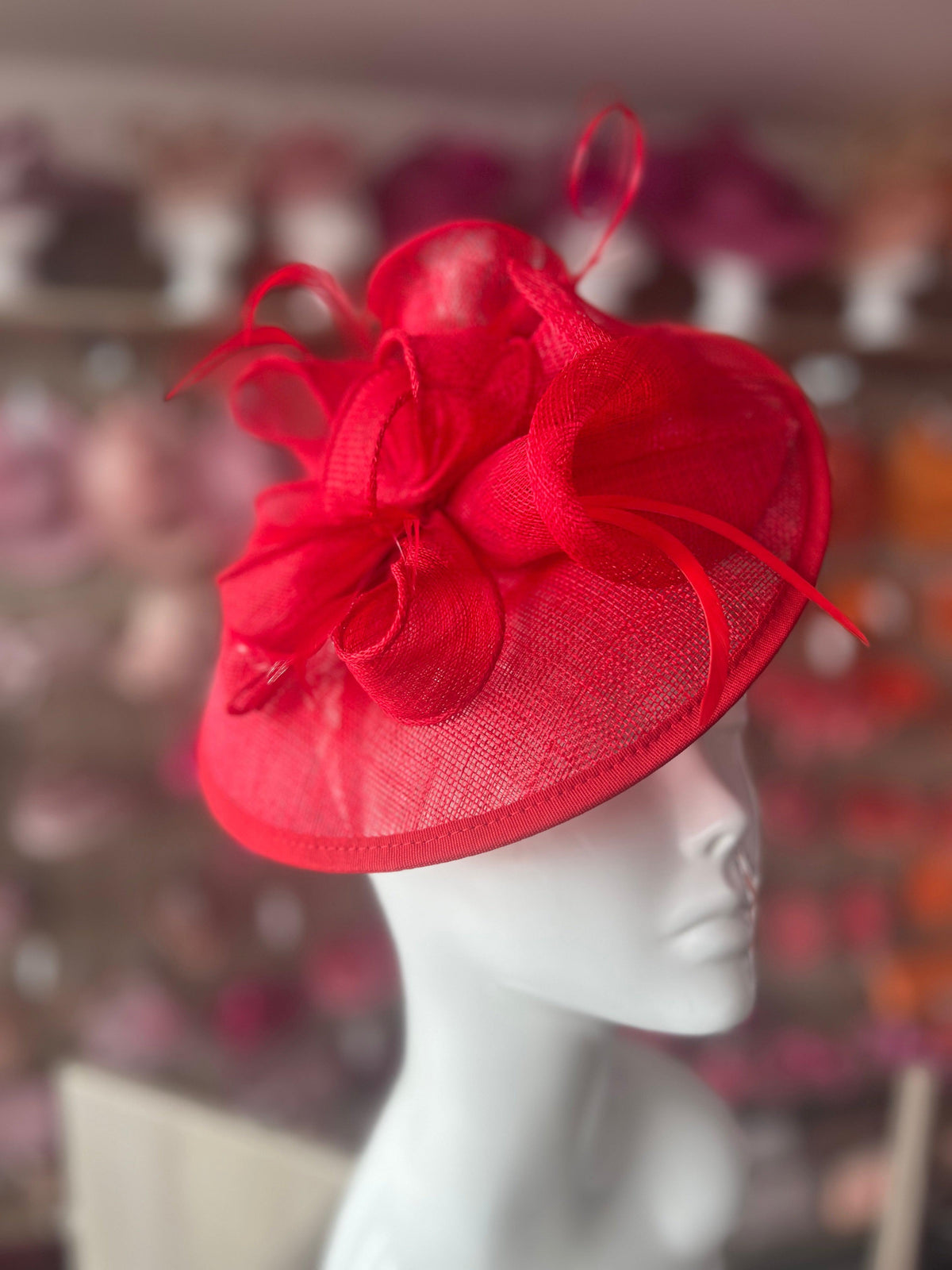 Red Sinamay Petunia Flower Fascinator With A Saucer Base-Fascinators Direct