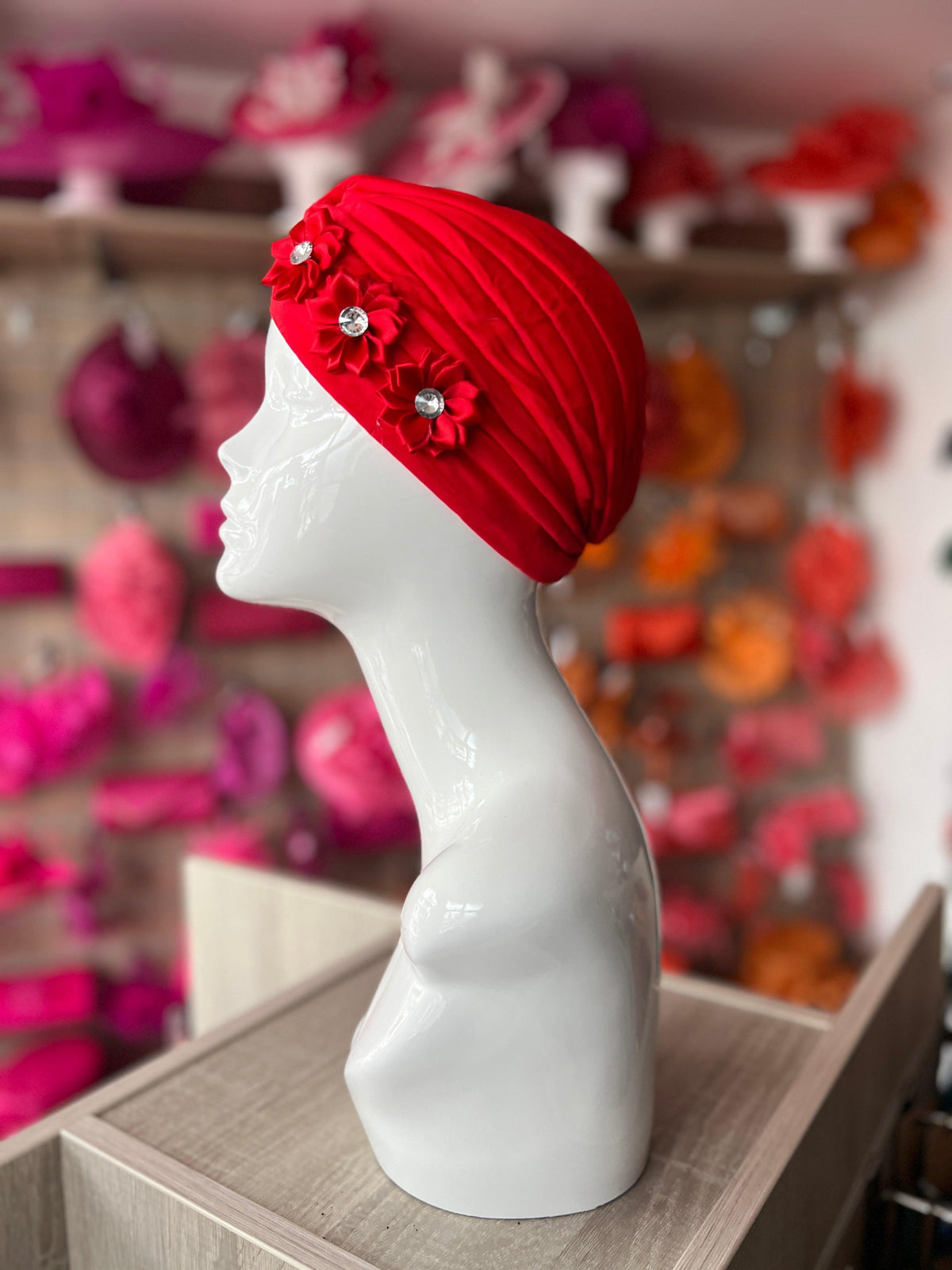 Red Turban With 3 Embellished Flowers-Fascinators Direct