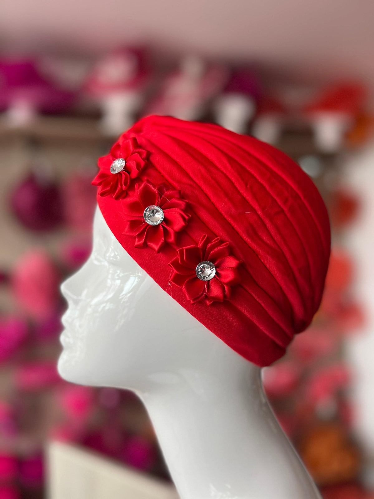 Red Turban With 3 Embellished Flowers-Fascinators Direct