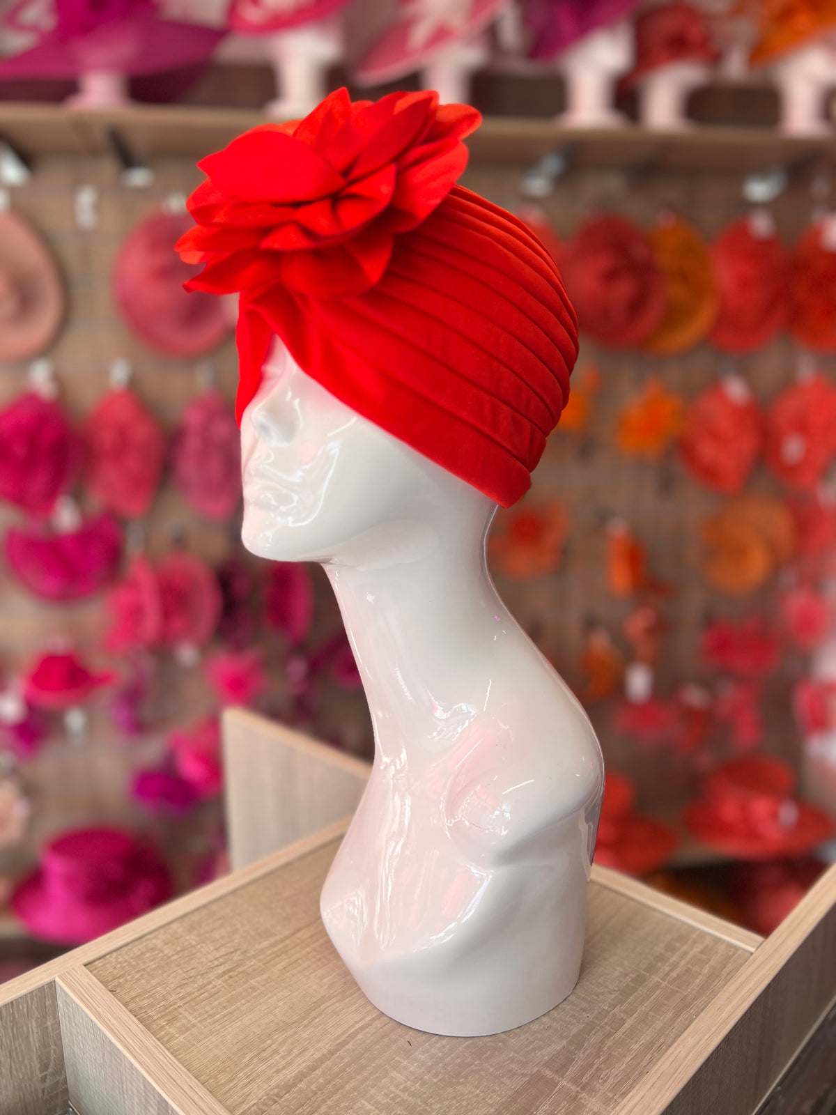 Red Turban With Large Satin Flower-Fascinators Direct