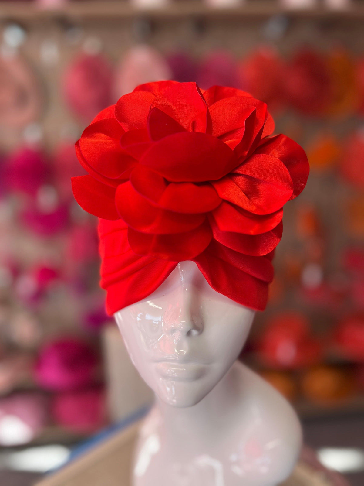 Red Turban With Large Satin Flower-Fascinators Direct