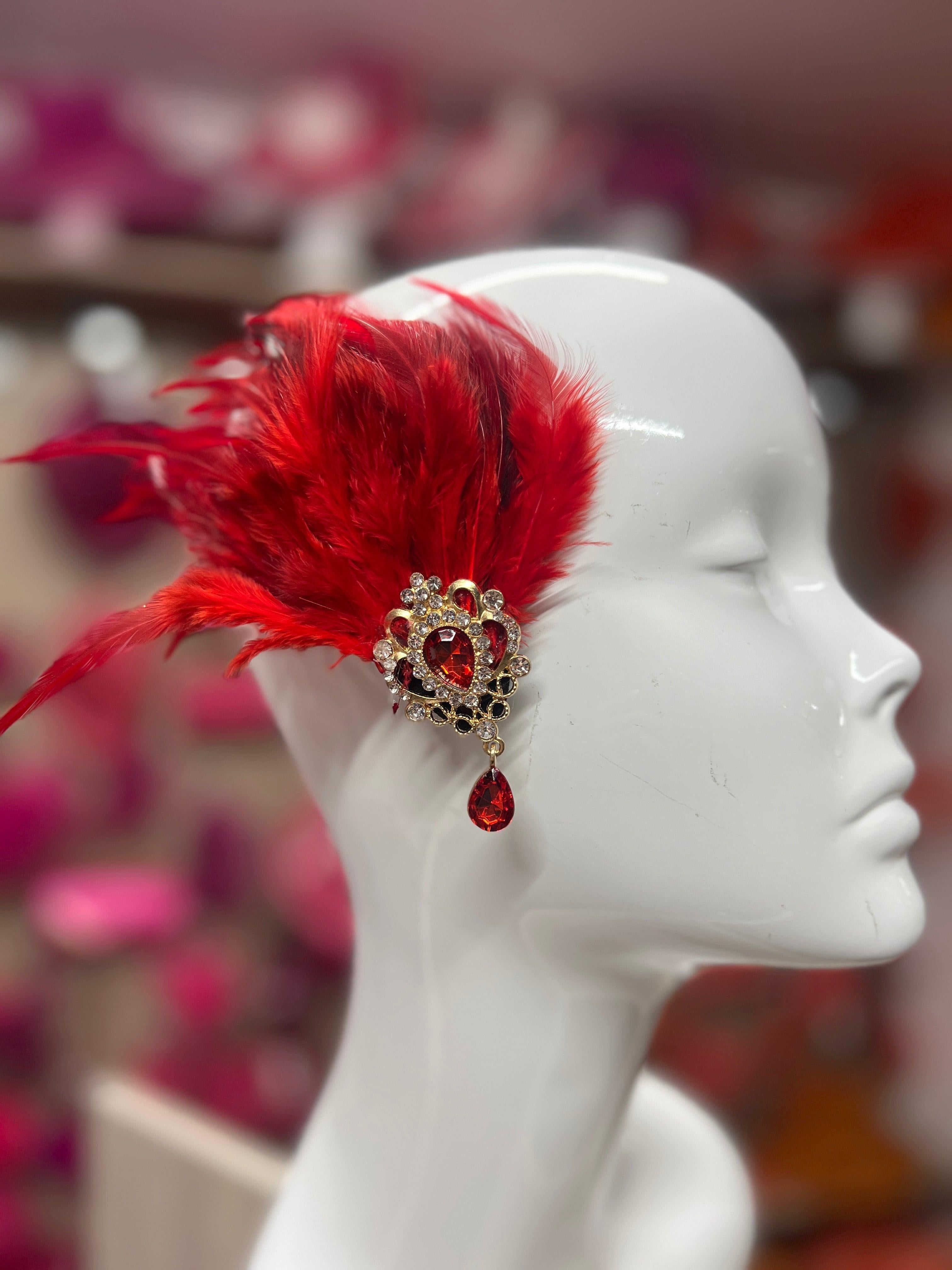 Red Vintage Feather Fascinator on Hair Clip with Embellishment