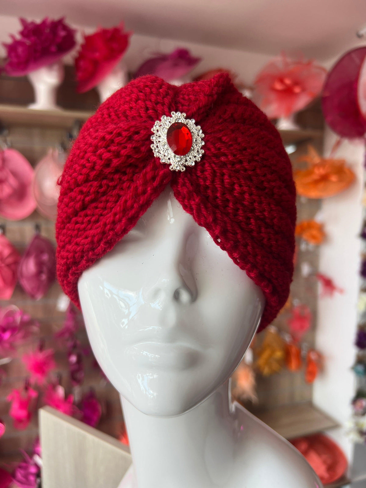 Red Winter Turban Hat With Embellishment-Fascinators Direct