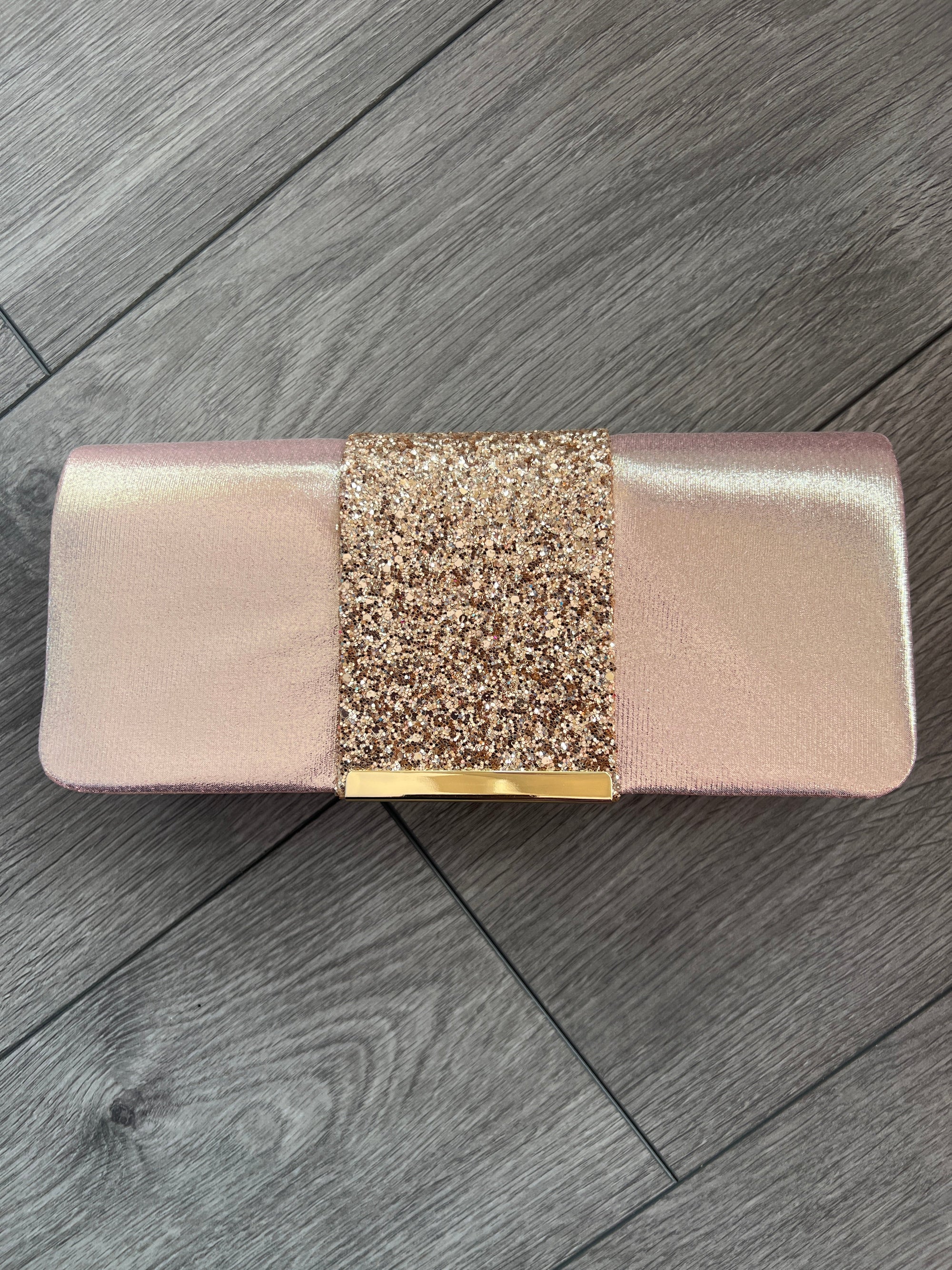 Rose Gold Clutch Bag With Glitter Strip-Fascinators Direct