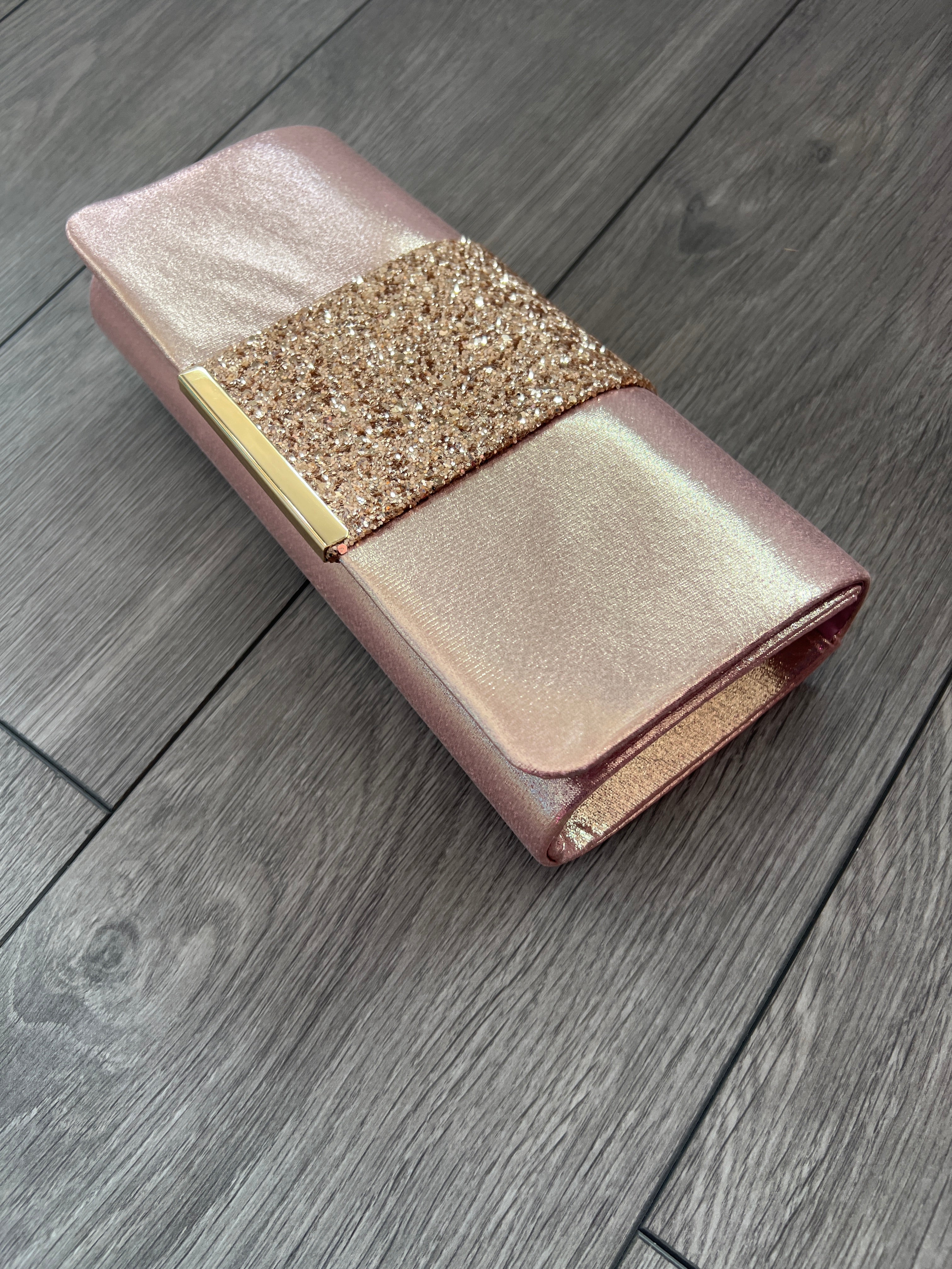 Rose Gold Clutch Bag With Glitter Strip