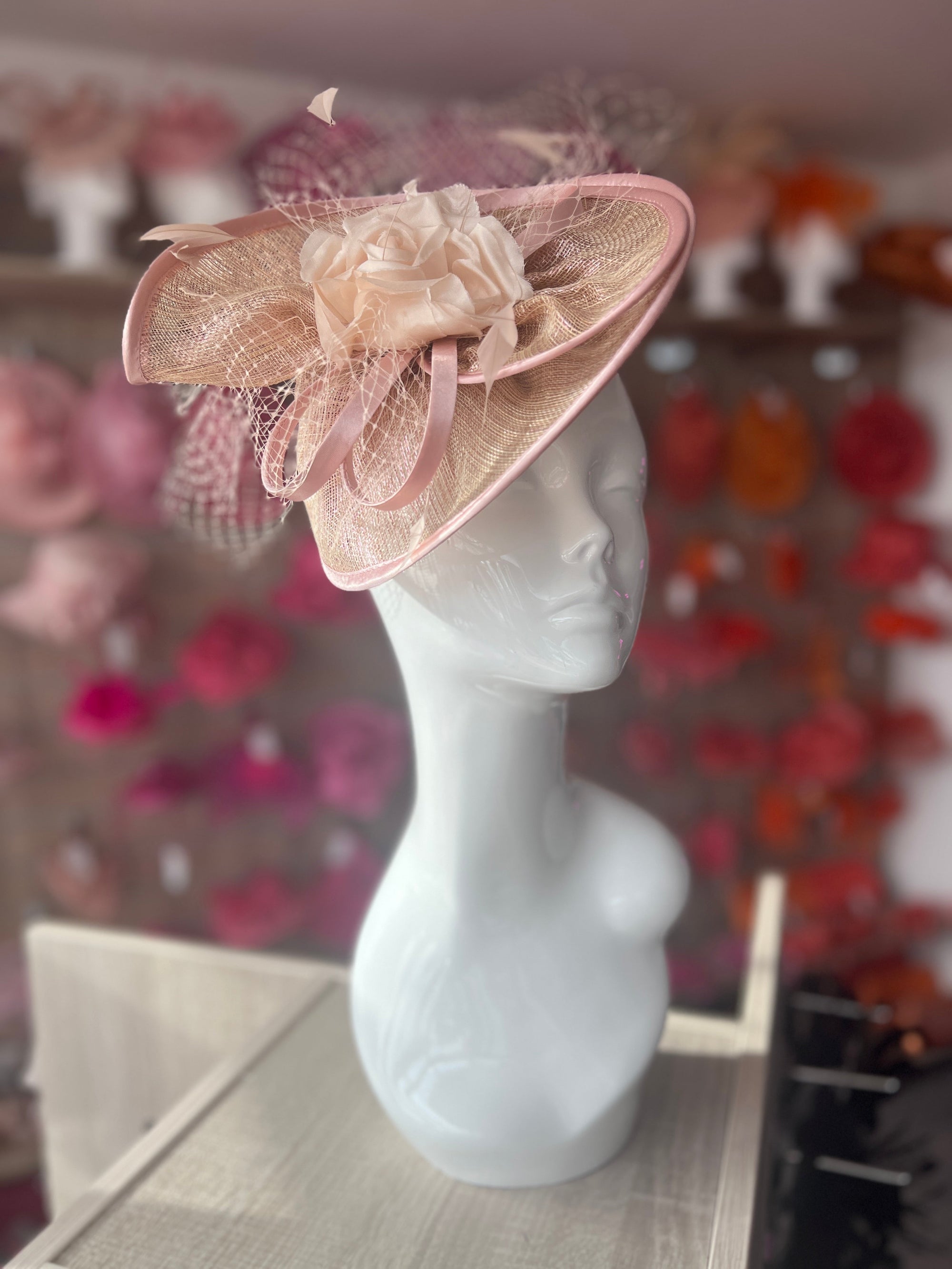 Rose Gold Disc Fascinator with Fabric Rose & Netting-Fascinators Direct