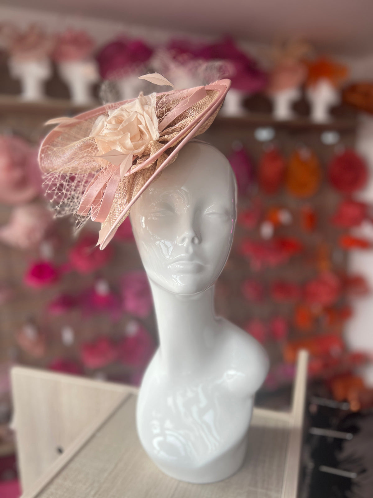 Rose Gold Disc Fascinator with Fabric Rose &amp; Netting-Fascinators Direct