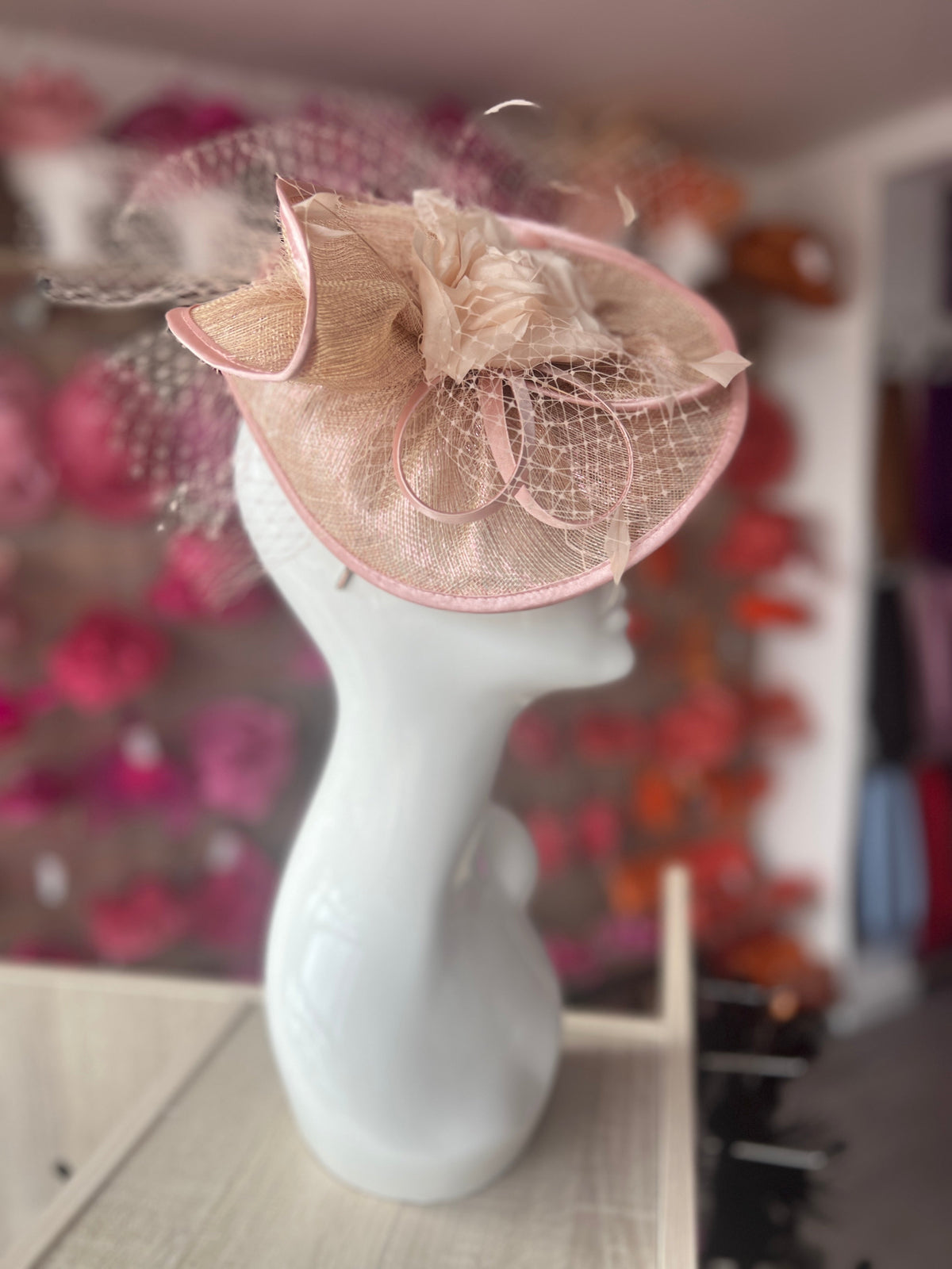 Rose Gold Disc Fascinator with Fabric Rose &amp; Netting-Fascinators Direct