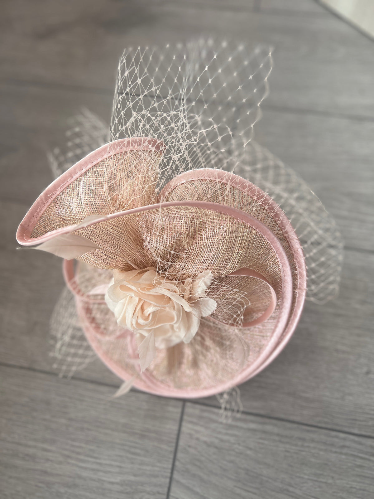 Rose Gold Disc Fascinator with Fabric Rose &amp; Netting-Fascinators Direct