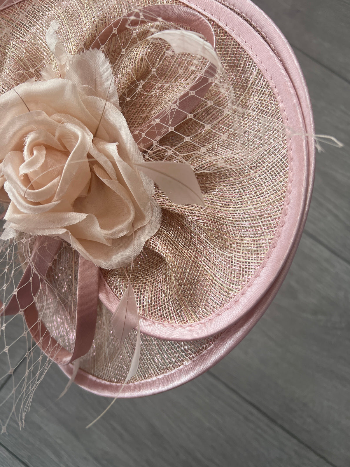 Rose Gold Disc Fascinator with Fabric Rose &amp; Netting-Fascinators Direct