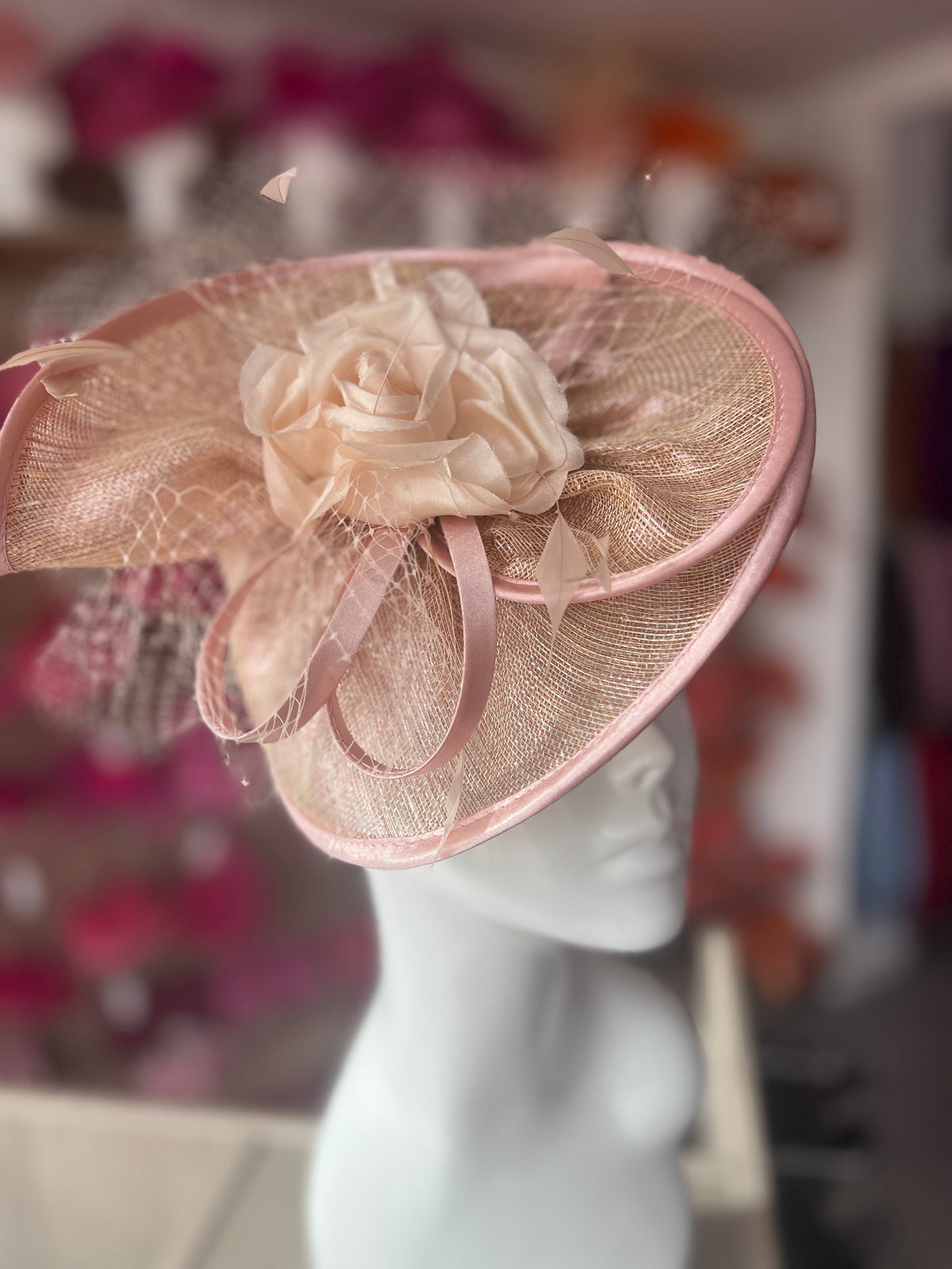 Rose Gold Disc Fascinator with Fabric Rose &amp; Netting-Fascinators Direct