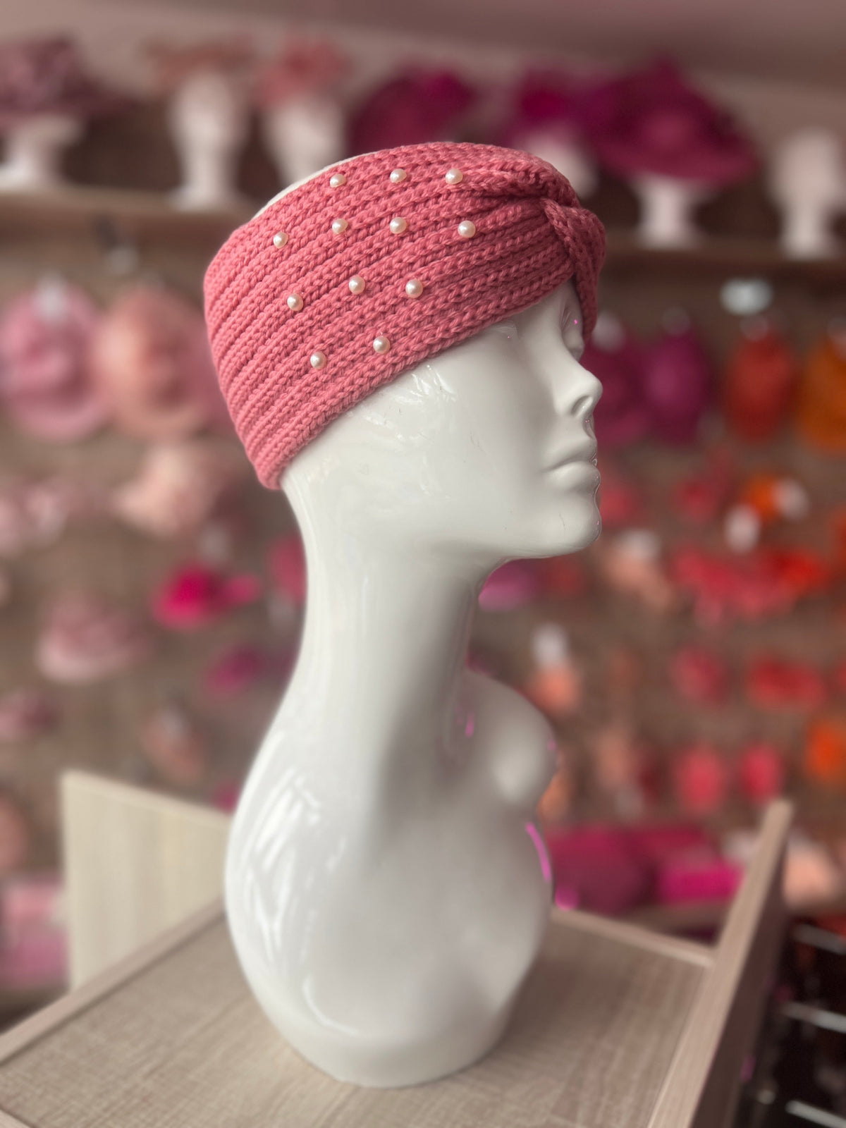 Rose Pink Knitted Headband Ear Warmer With Assorted Pearls-Fascinators Direct
