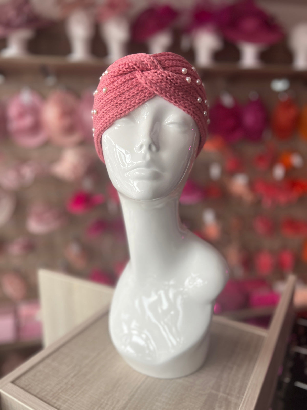 Rose Pink Knitted Headband Ear Warmer With Assorted Pearls-Fascinators Direct