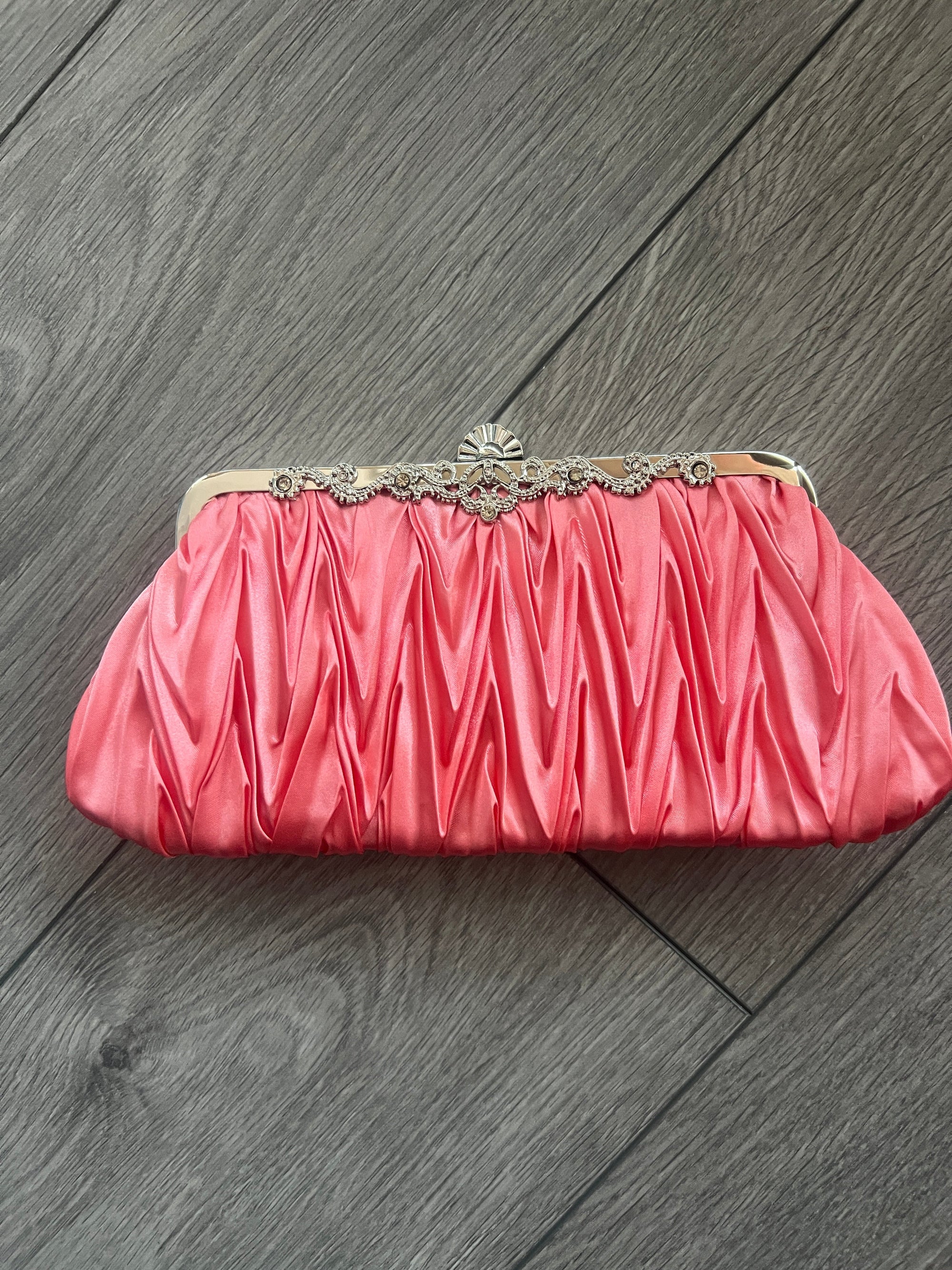 Rose Pink Satin Art Deco Detail Clutch Bag-Fascinators Direct