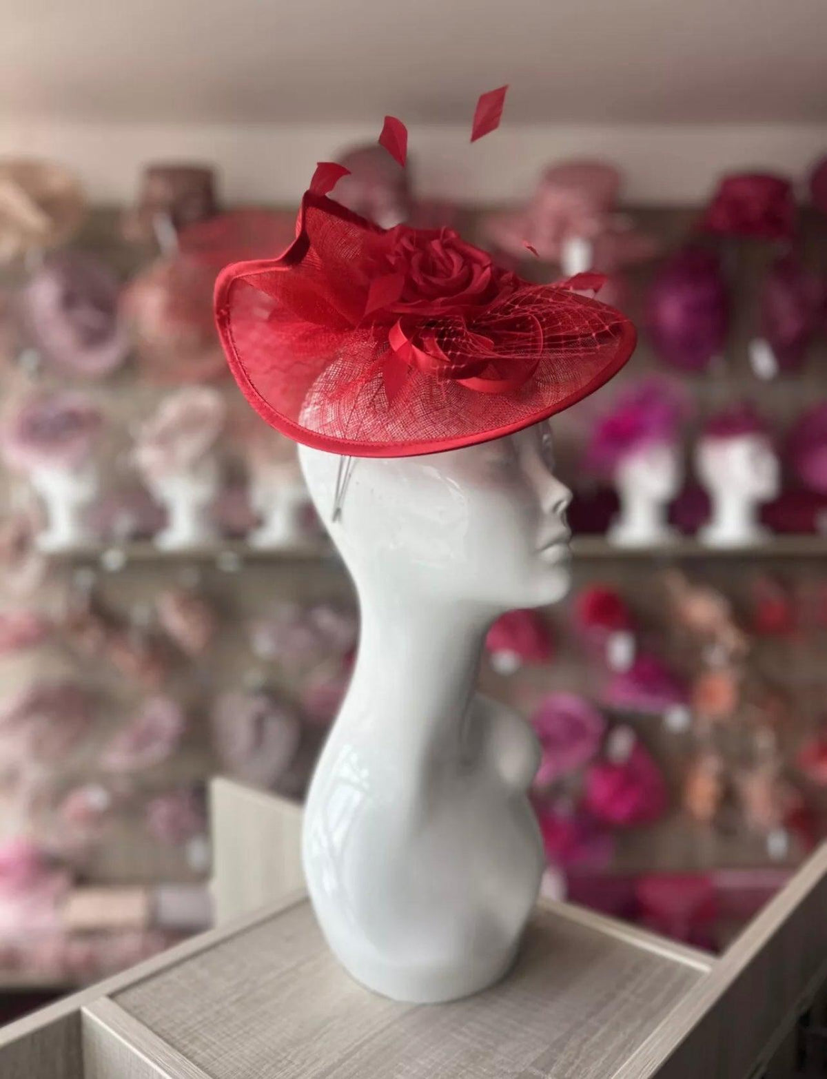 Rouge Disc Fascinator with Fabric Rose &amp; Netting-Fascinators Direct