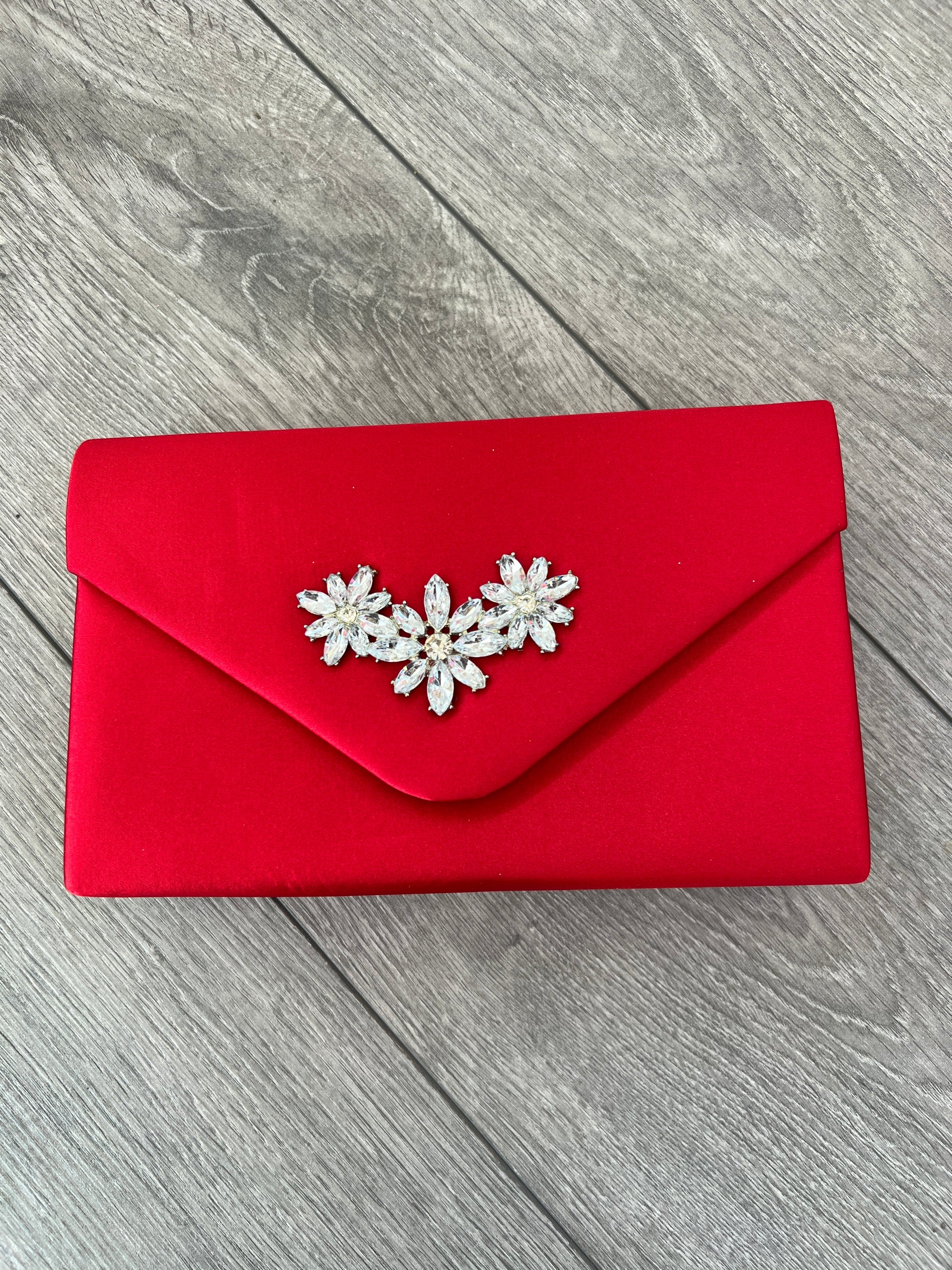 Rouge Envelope Clutch Bag With Diamante Flower Detail-Fascinators Direct