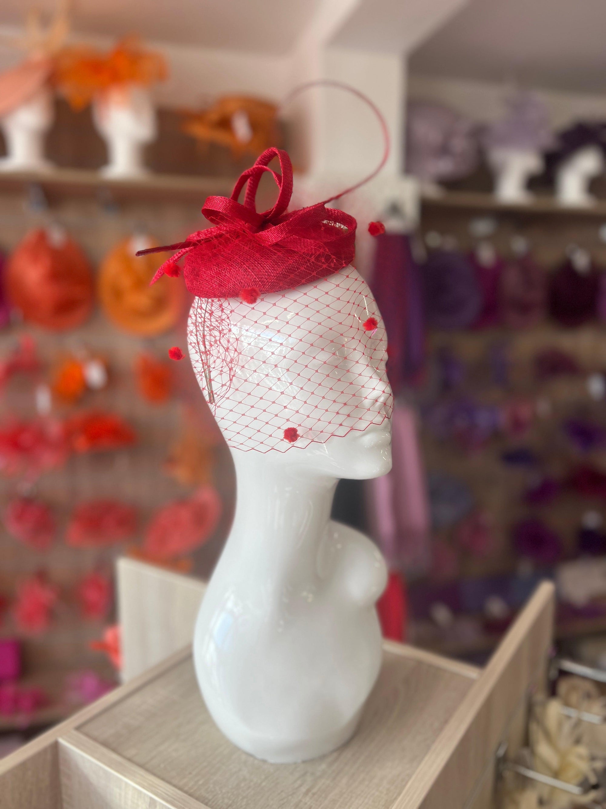 Rouge Pillbox Hat with Veil & Curled Quill-Fascinators Direct