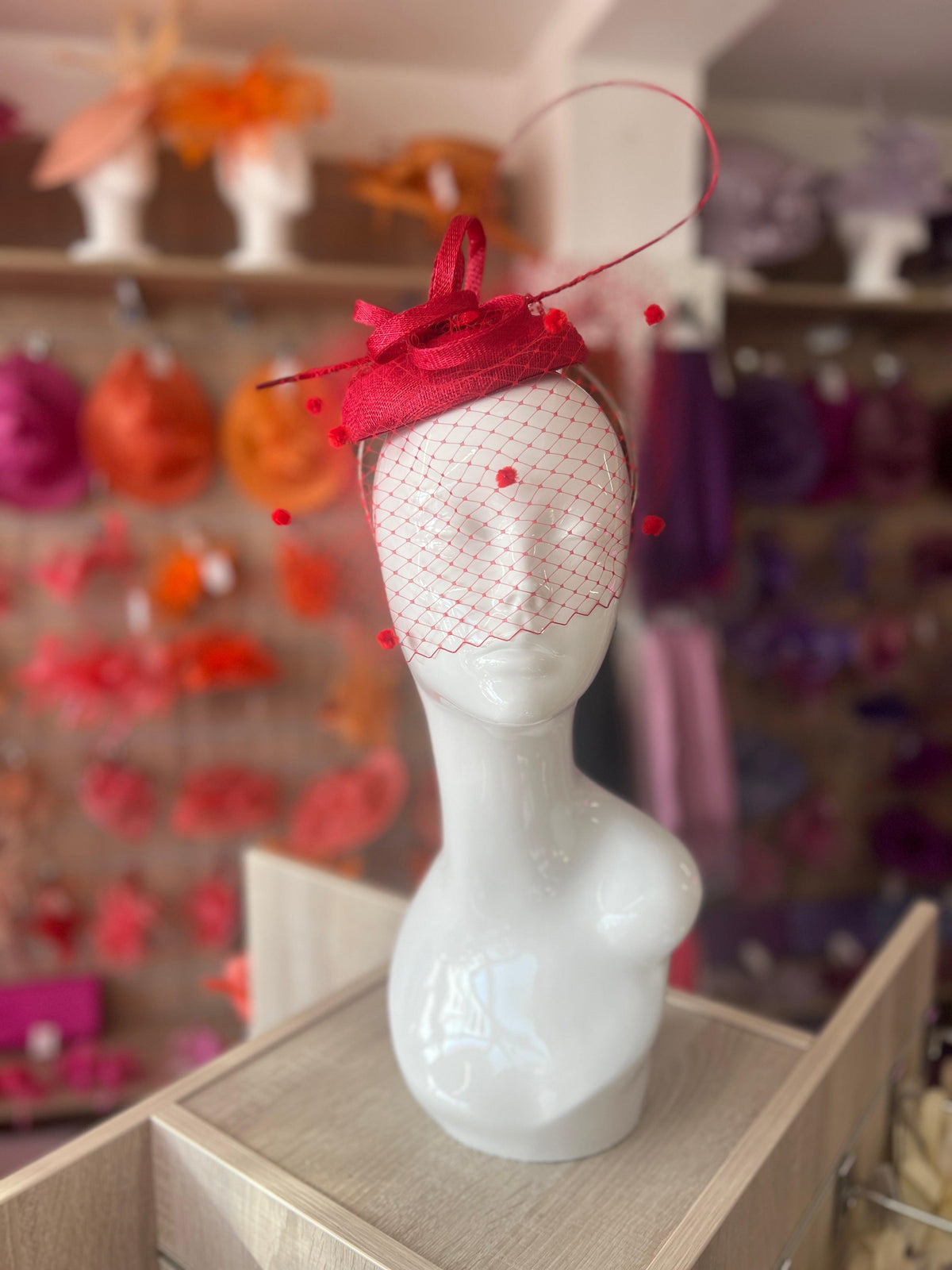 Rouge Pillbox Hat with Veil &amp; Curled Quill-Fascinators Direct