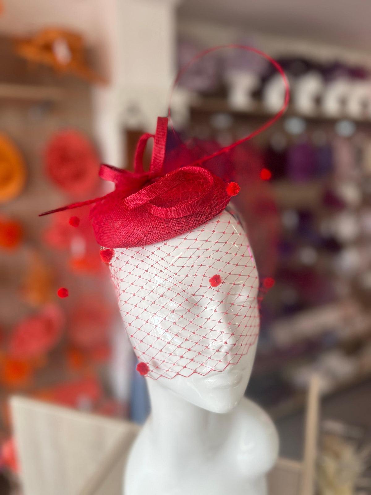 Rouge Pillbox Hat with Veil &amp; Curled Quill-Fascinators Direct