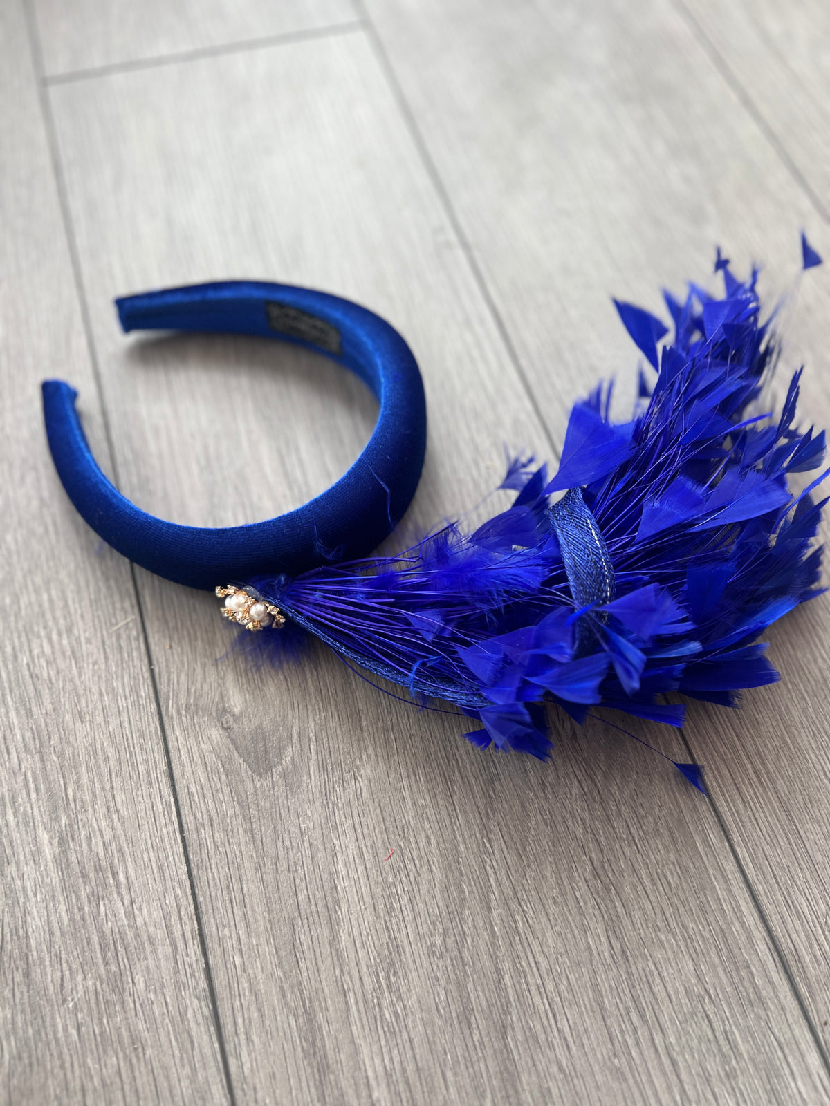 Royal Blue Feather Velvet Padded Headband Fascinator With Diamante &amp; Pearl Cluster-Fascinators Direct
