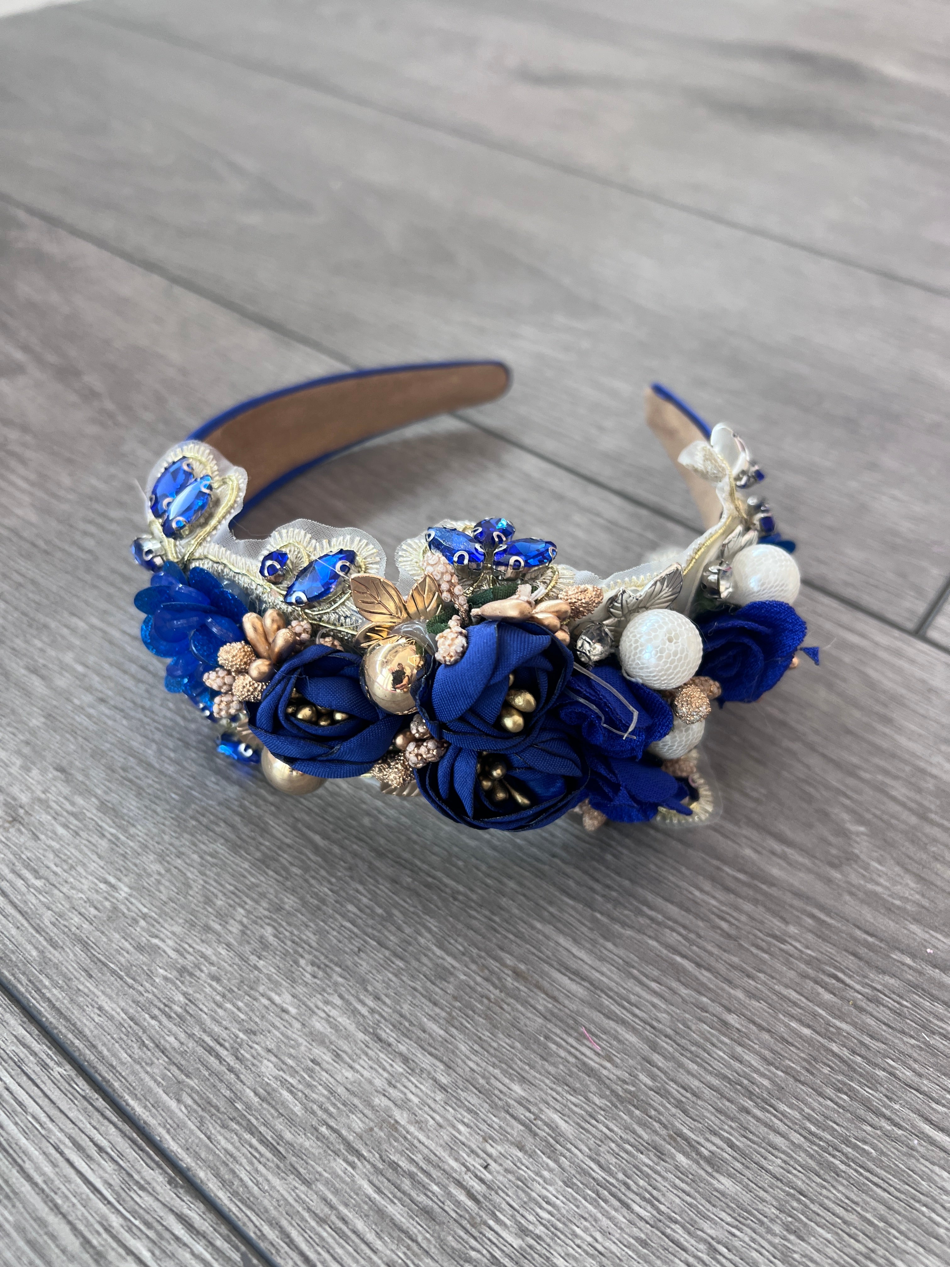 Floral Headband with Blue and Black Rhinestones Navy Blue Wide Headband With Yellow Flowers Embroidery  main image 3