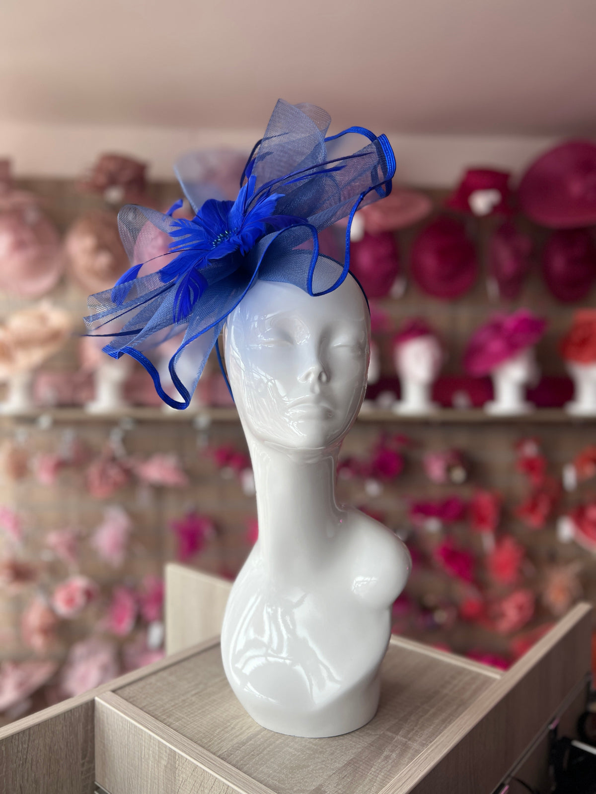 Royal Blue Large Fascinator with Ruched Crinoline &amp; Flower-Fascinators Direct