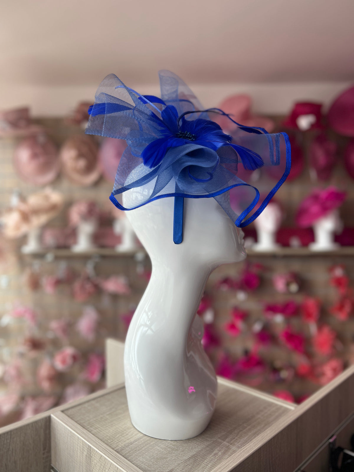 Royal Blue Large Fascinator with Ruched Crinoline &amp; Flower-Fascinators Direct