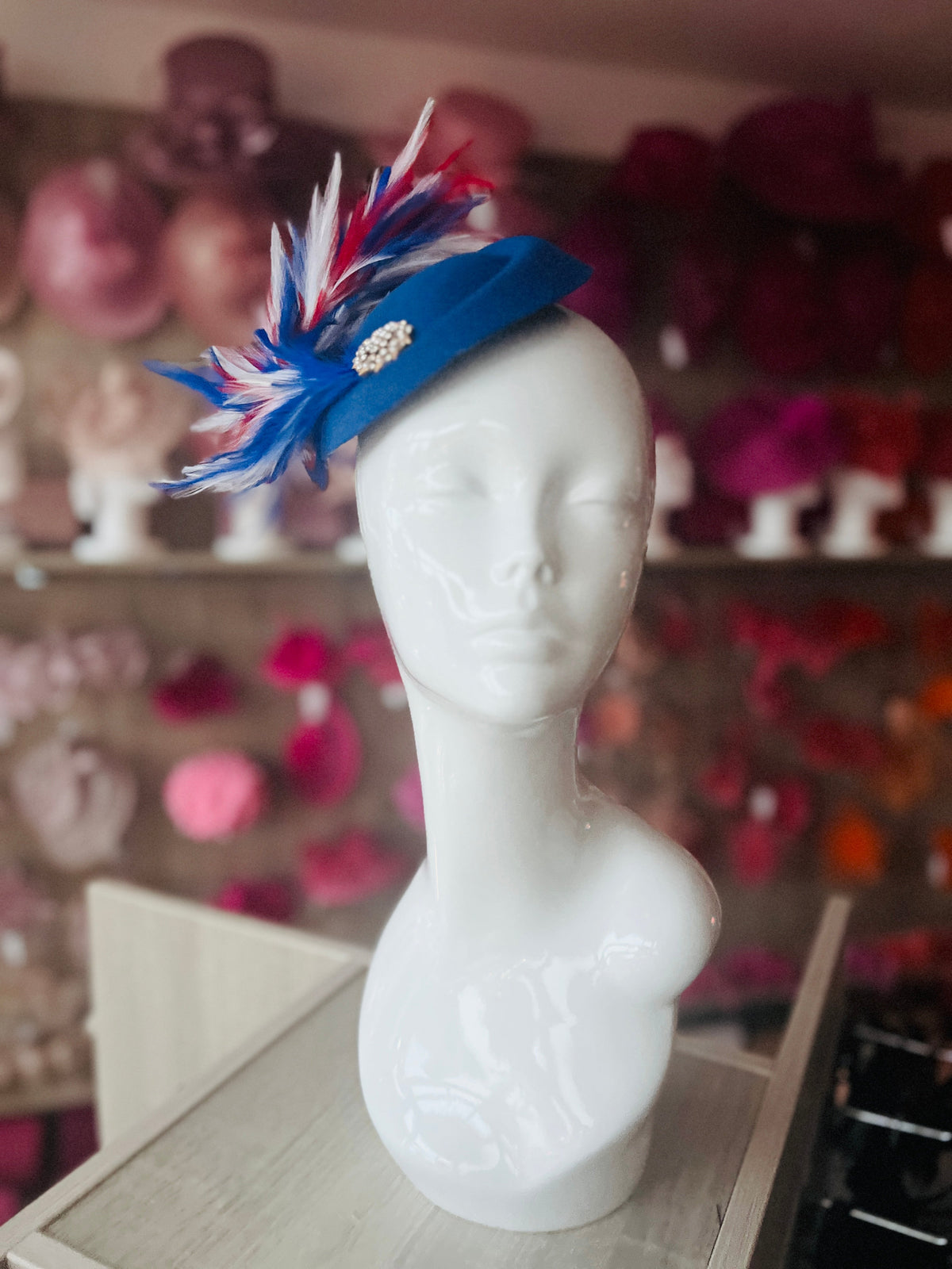 Royal Blue Pill Box Fascinator With Curled Feathers &amp; Diamante Embellishment-Fascinators Direct