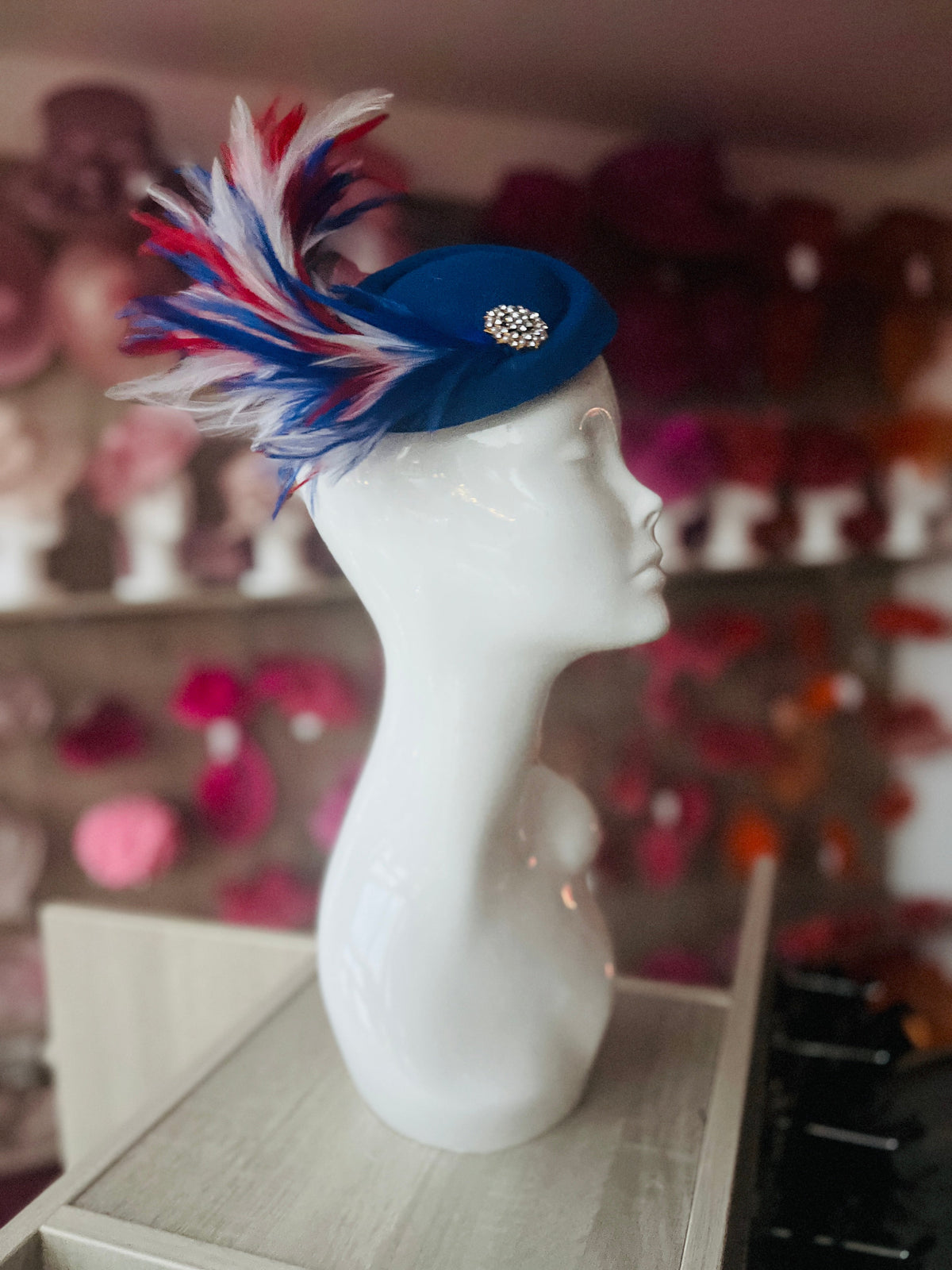 Royal Blue Pill Box Fascinator With Curled Feathers &amp; Diamante Embellishment-Fascinators Direct