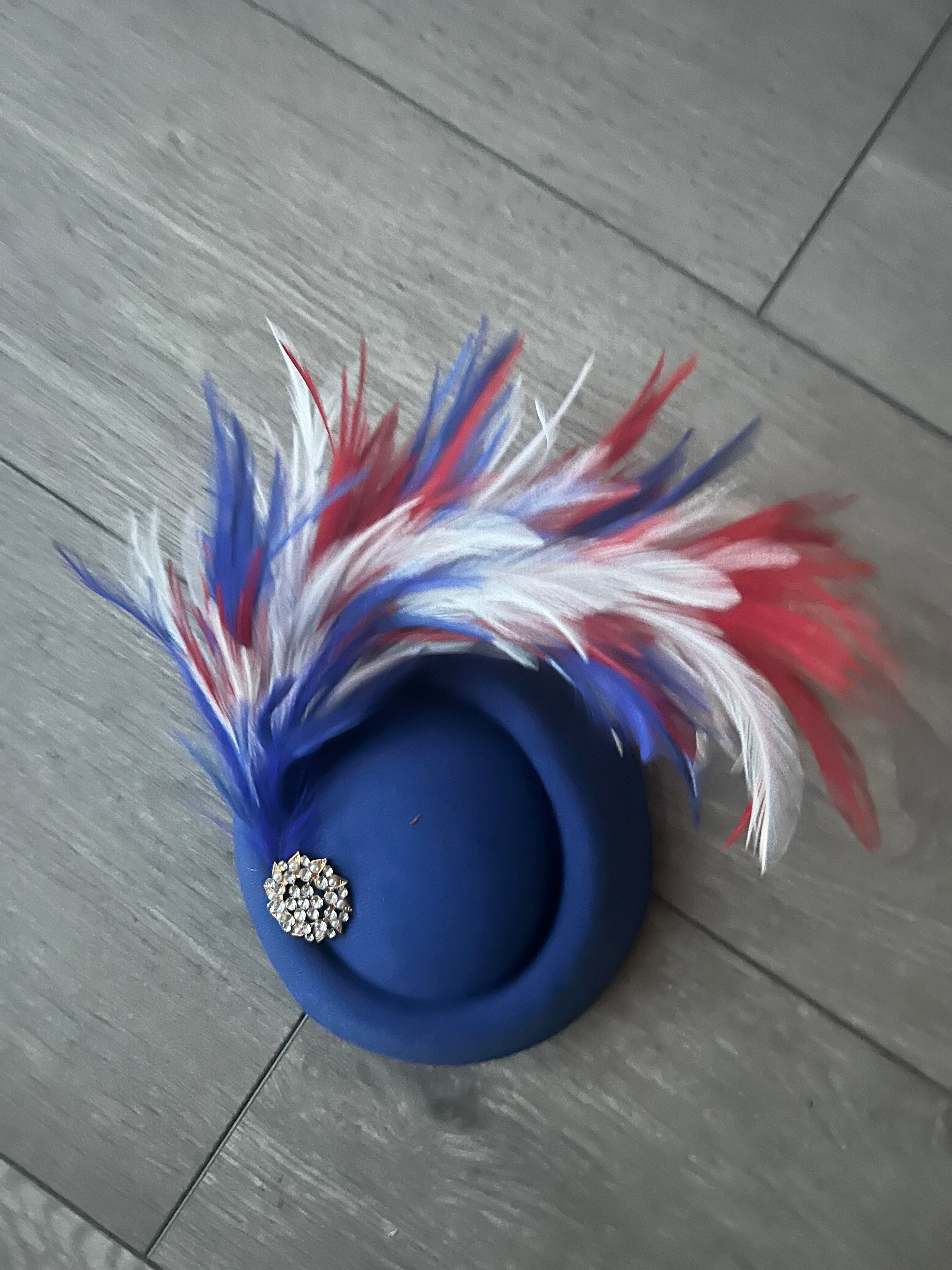 Royal Blue Pill Box Fascinator With Curled Feathers Diamante Embelli